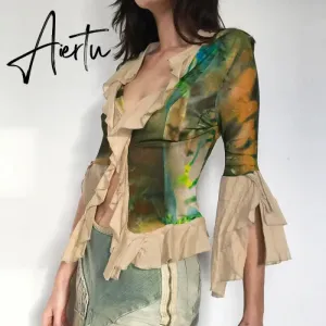 Aiertu  y2k Printed Crop Top Ruffles V Neck T Shirt Women Vintage Fairycore Grunge Elegant Tee Autumn Winter Cardigans Chic