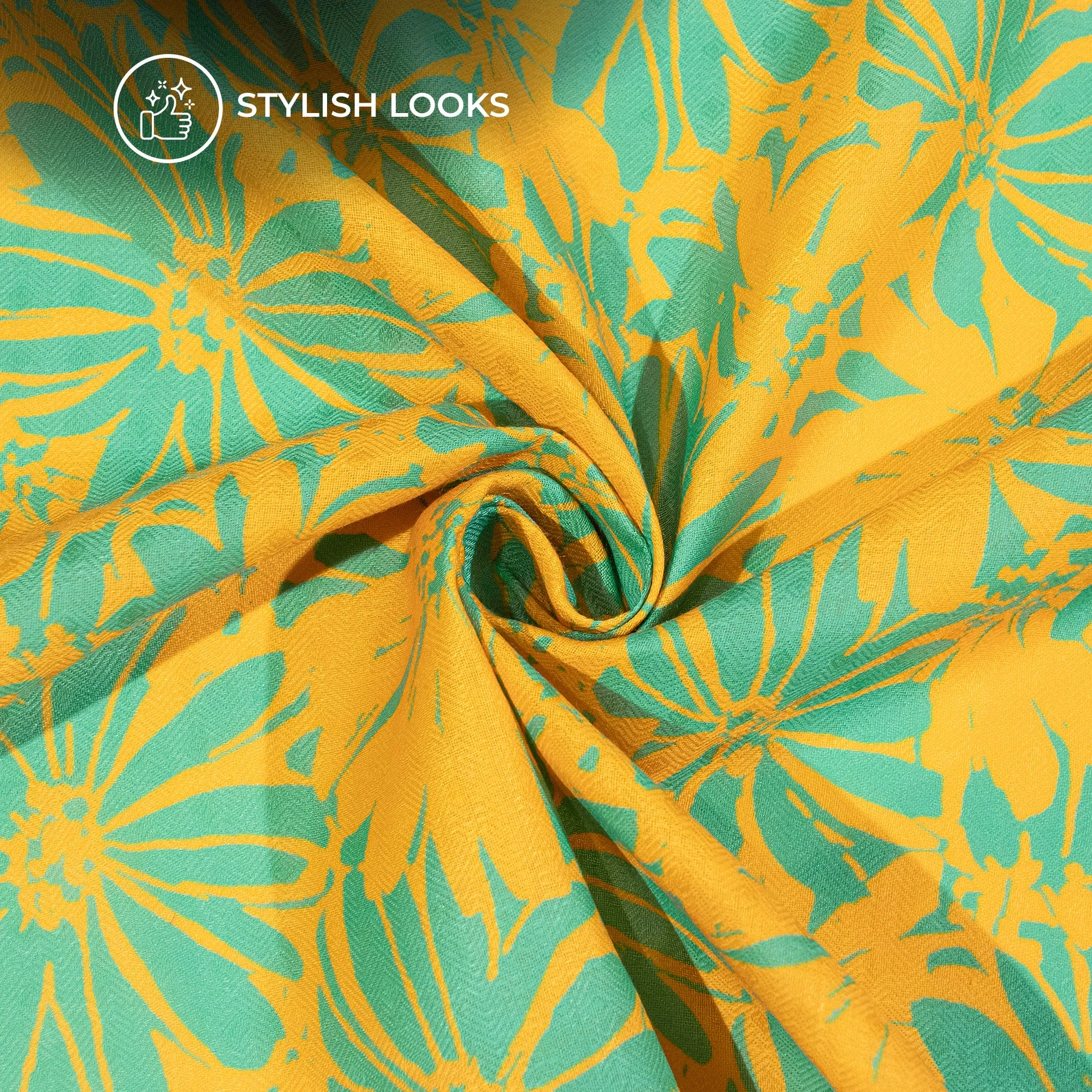 Amber Yellow Floral Digital Print Elegant Blend Pashmina Fabric
