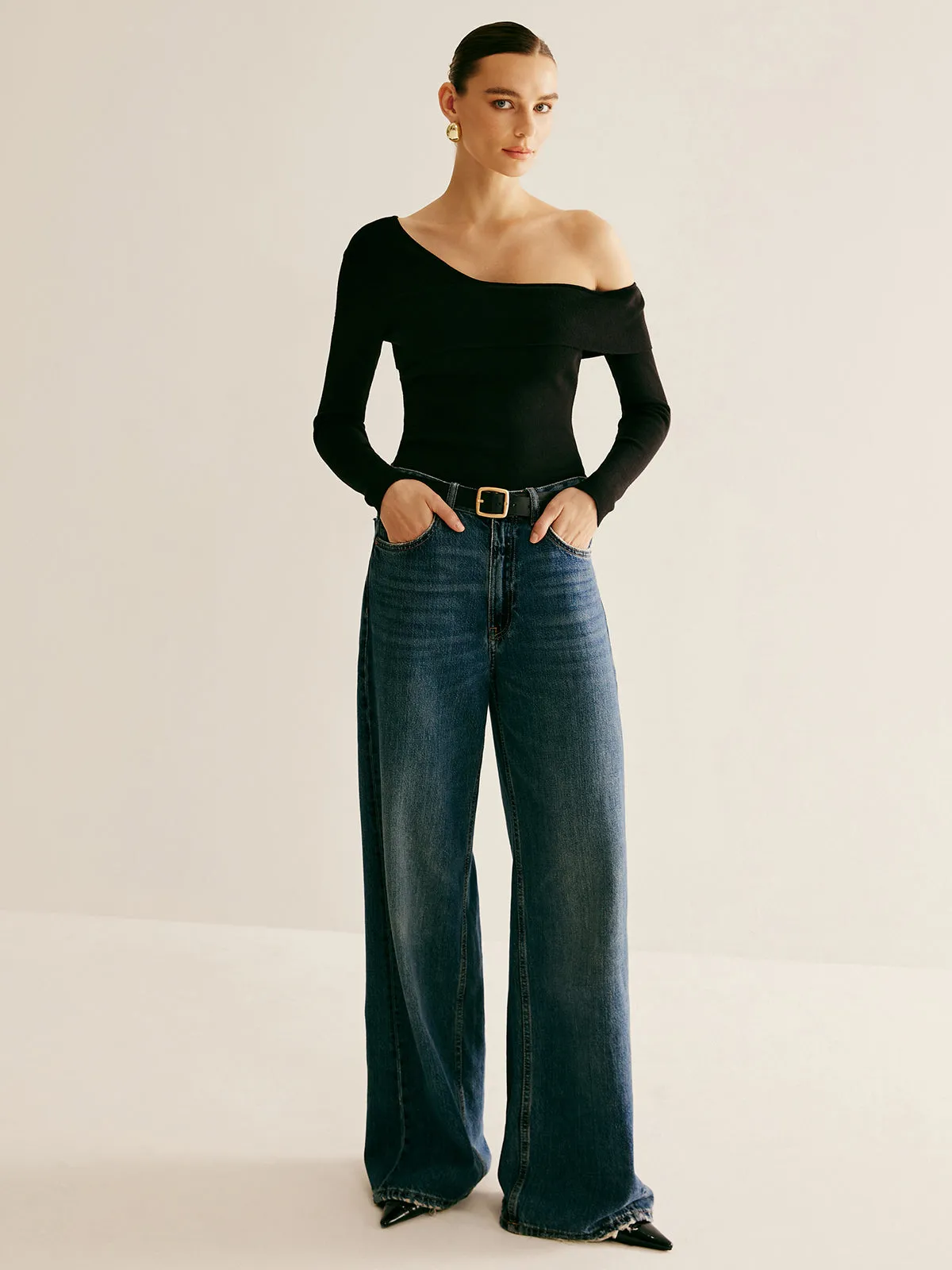 Asymmetrical Off-Shoulder Knit Top