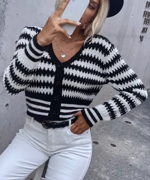 Black and White Button Up Drop Shoulder Cardigan