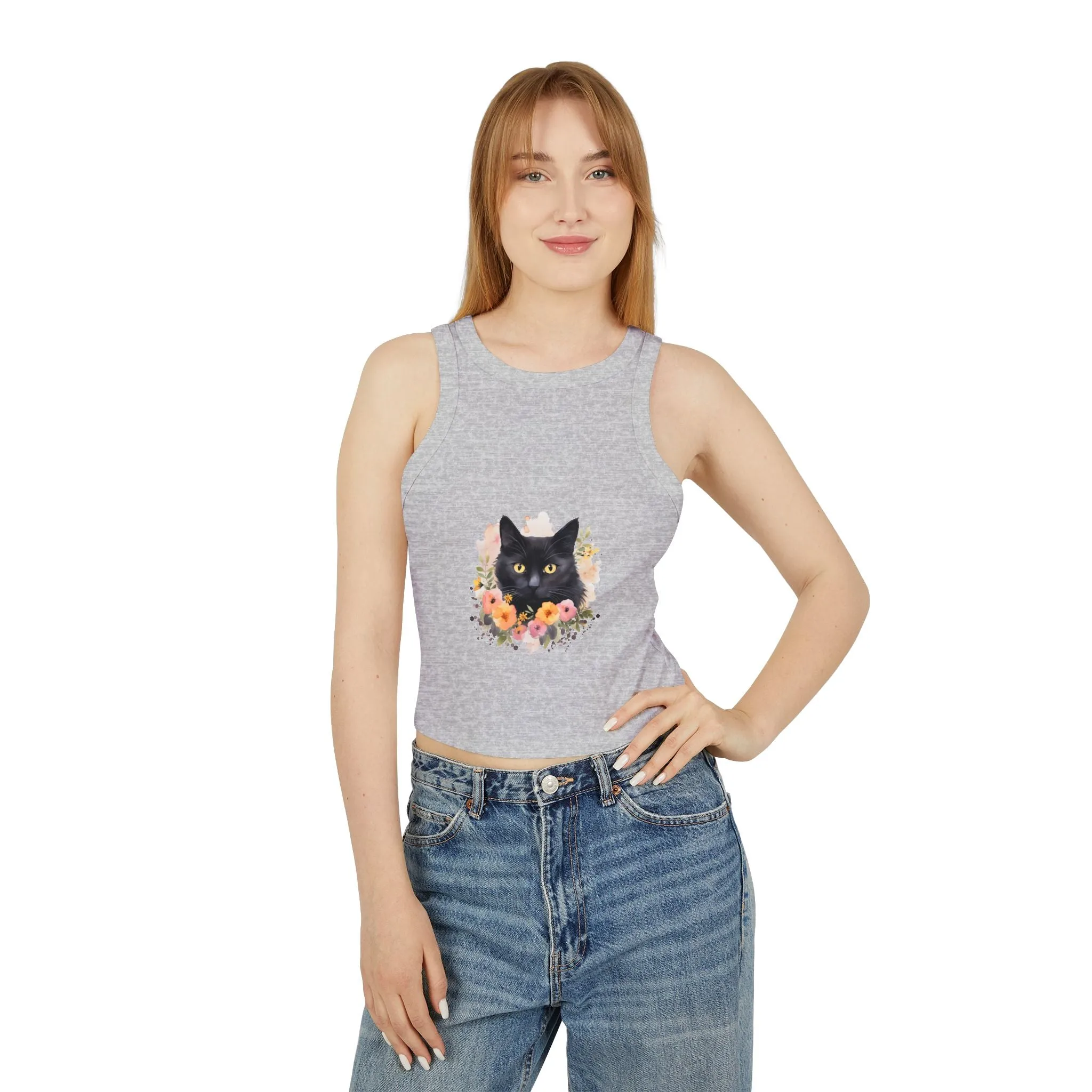 Black Cat Floral Watercolor Racerback Tank Top