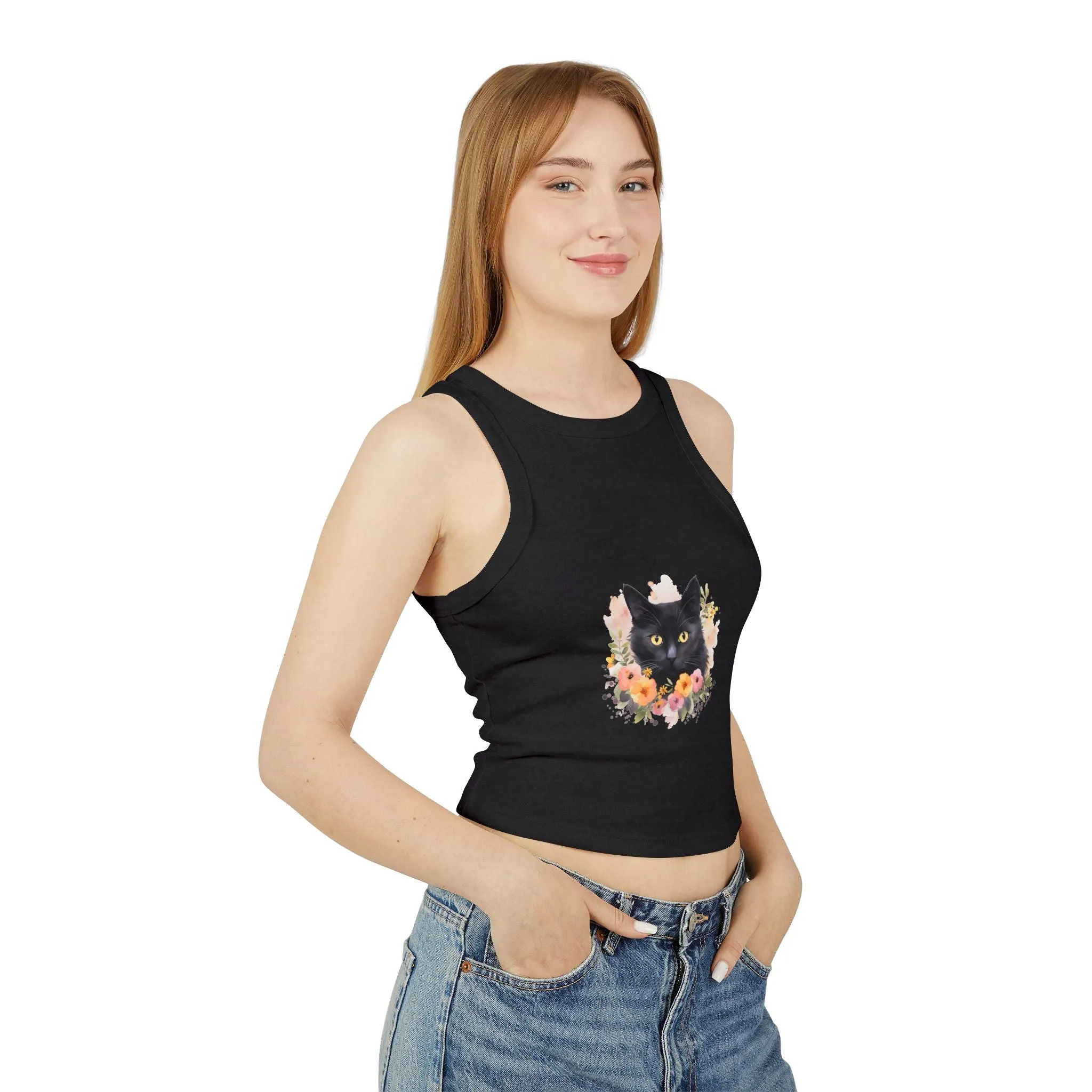 Black Cat Floral Watercolor Racerback Tank Top