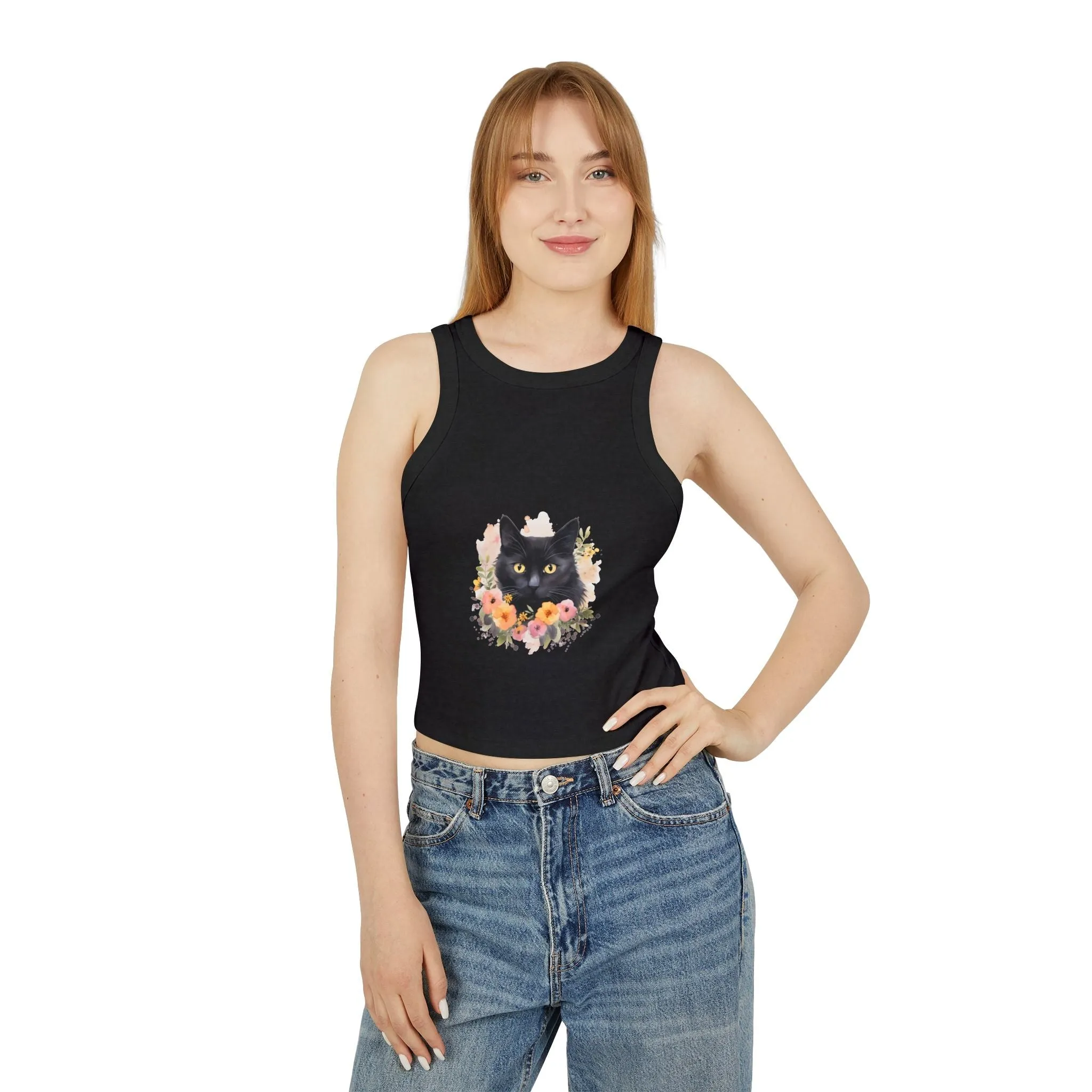 Black Cat Floral Watercolor Racerback Tank Top