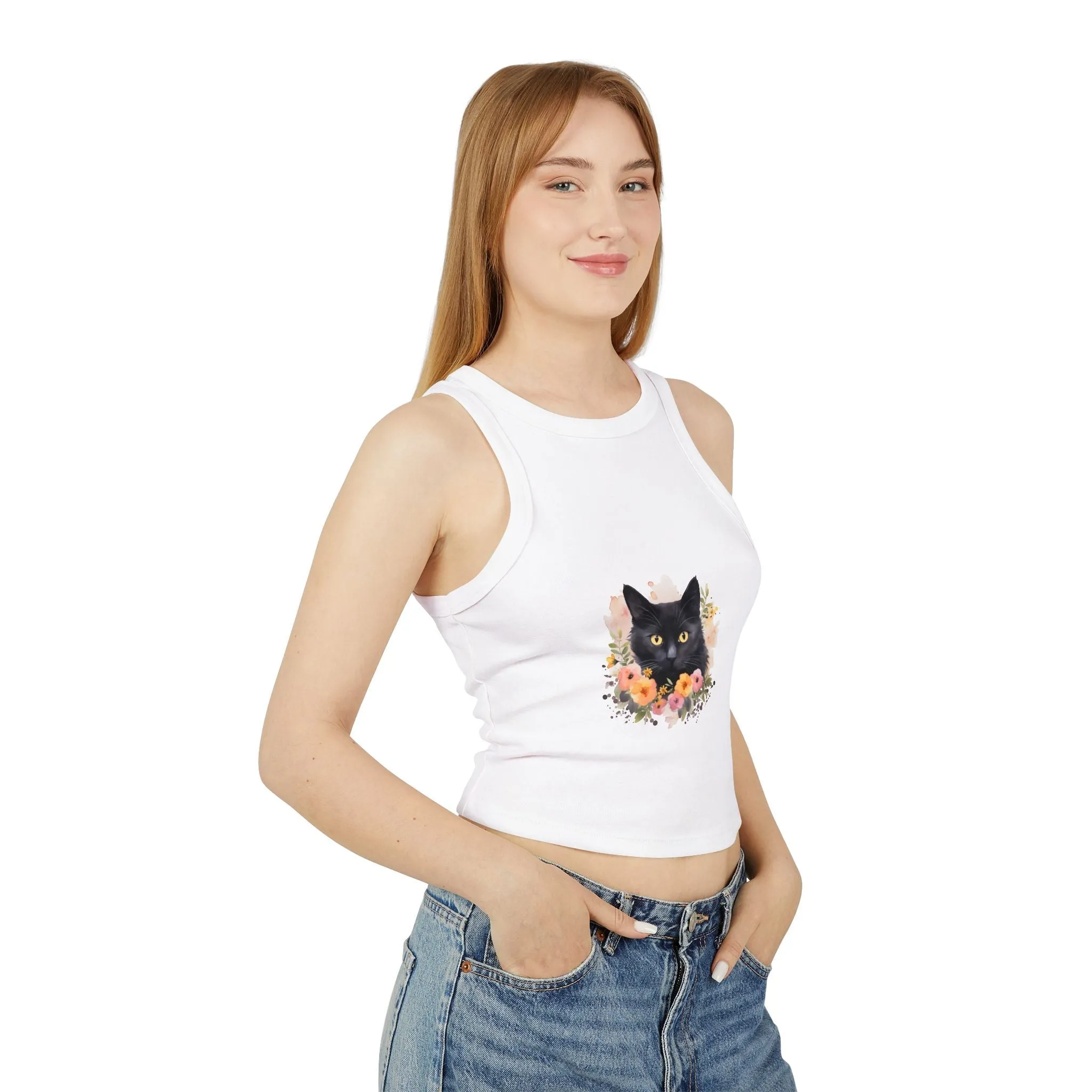 Black Cat Floral Watercolor Racerback Tank Top