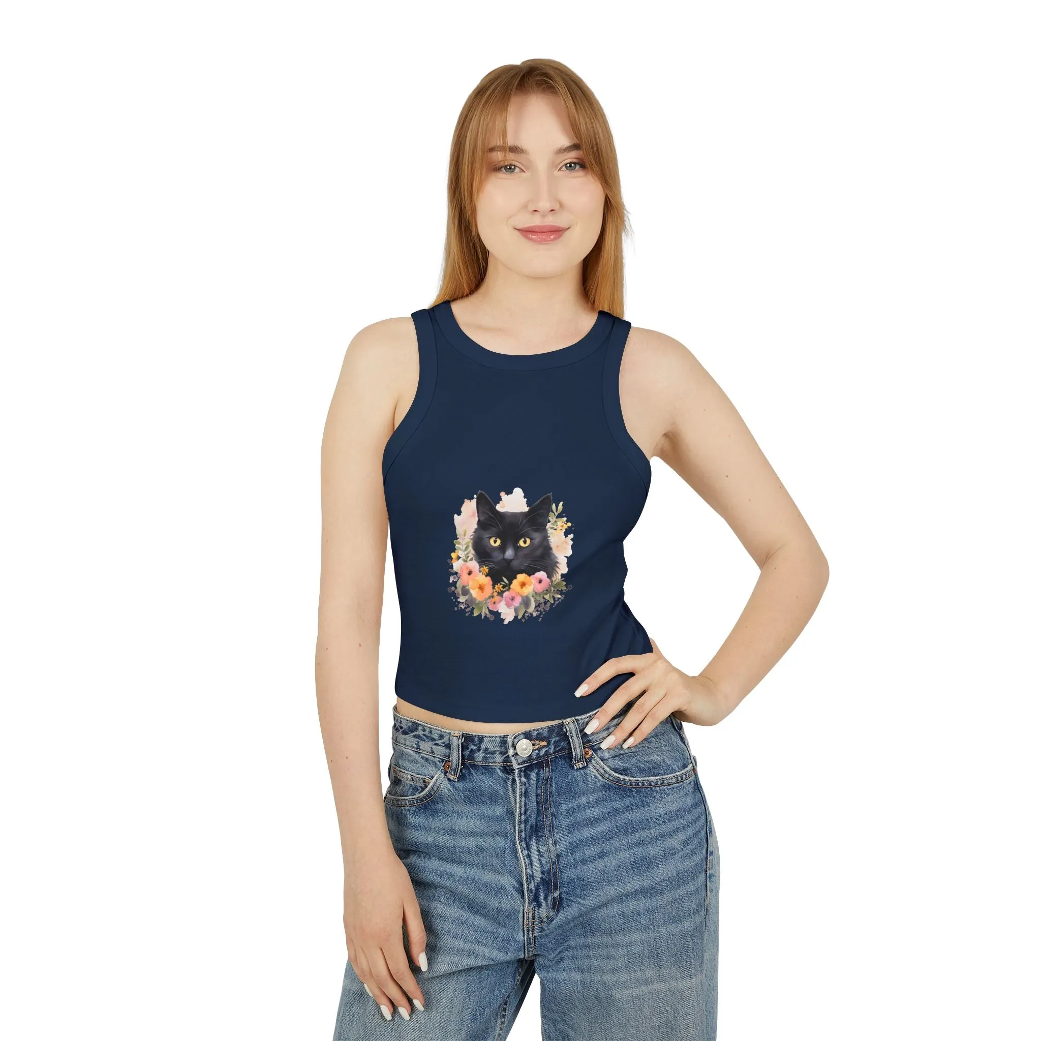 Black Cat Floral Watercolor Racerback Tank Top