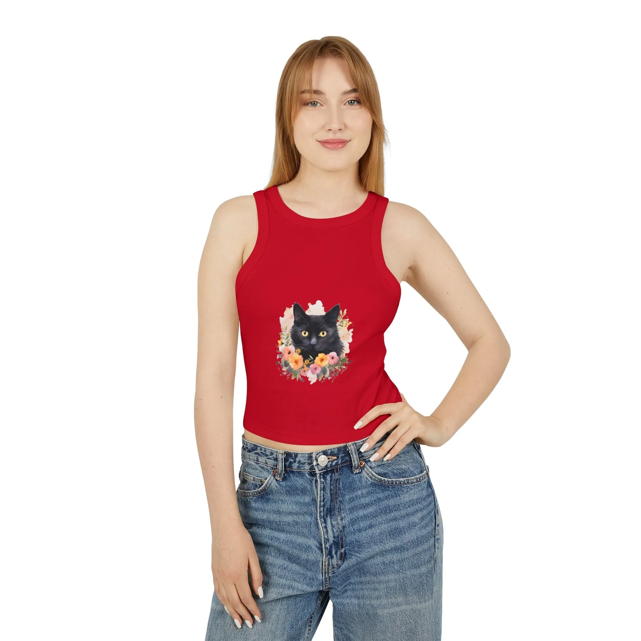 Black Cat Floral Watercolor Racerback Tank Top
