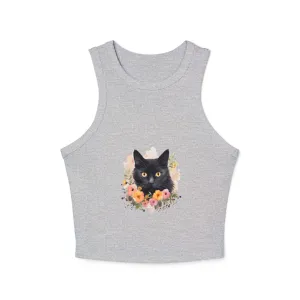 Black Cat Floral Watercolor Racerback Tank Top