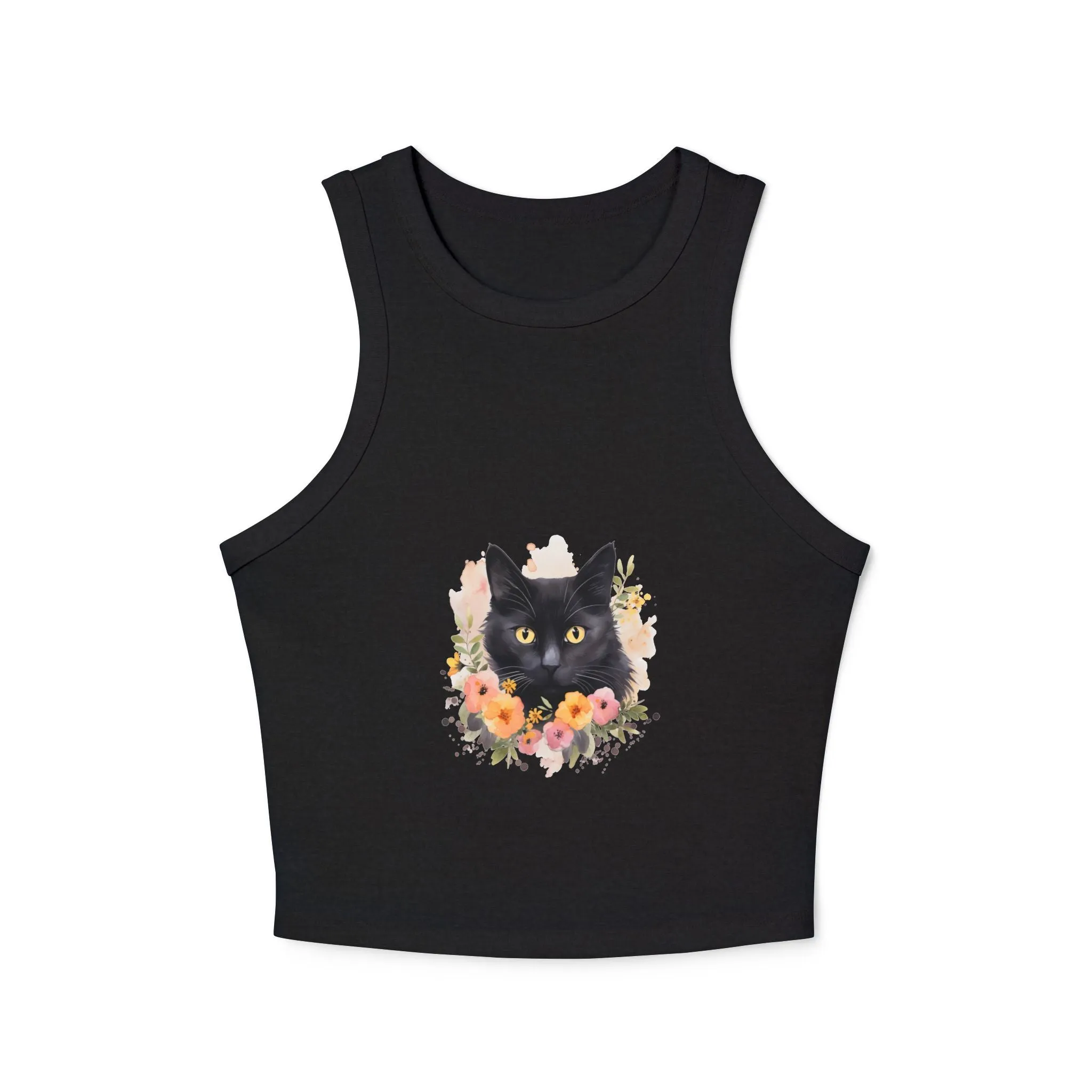 Black Cat Floral Watercolor Racerback Tank Top