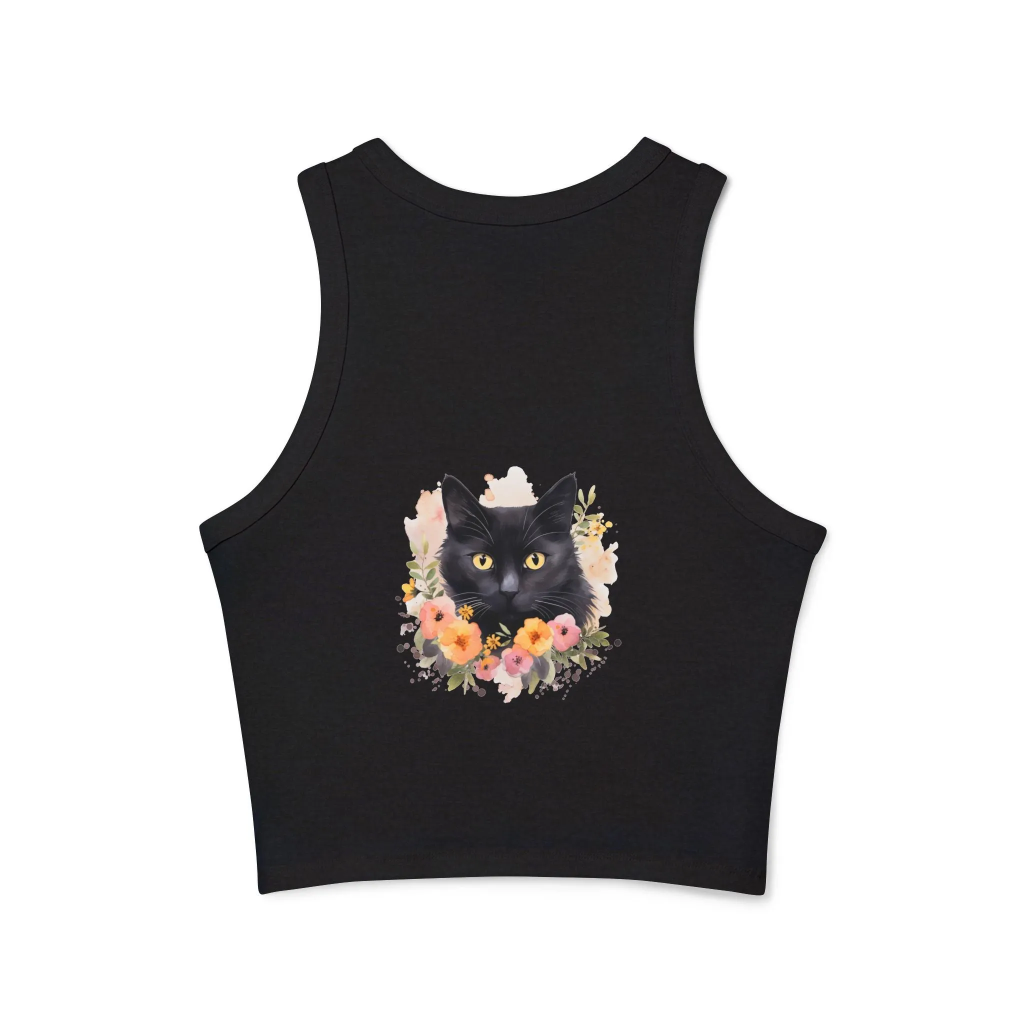 Black Cat Floral Watercolor Racerback Tank Top