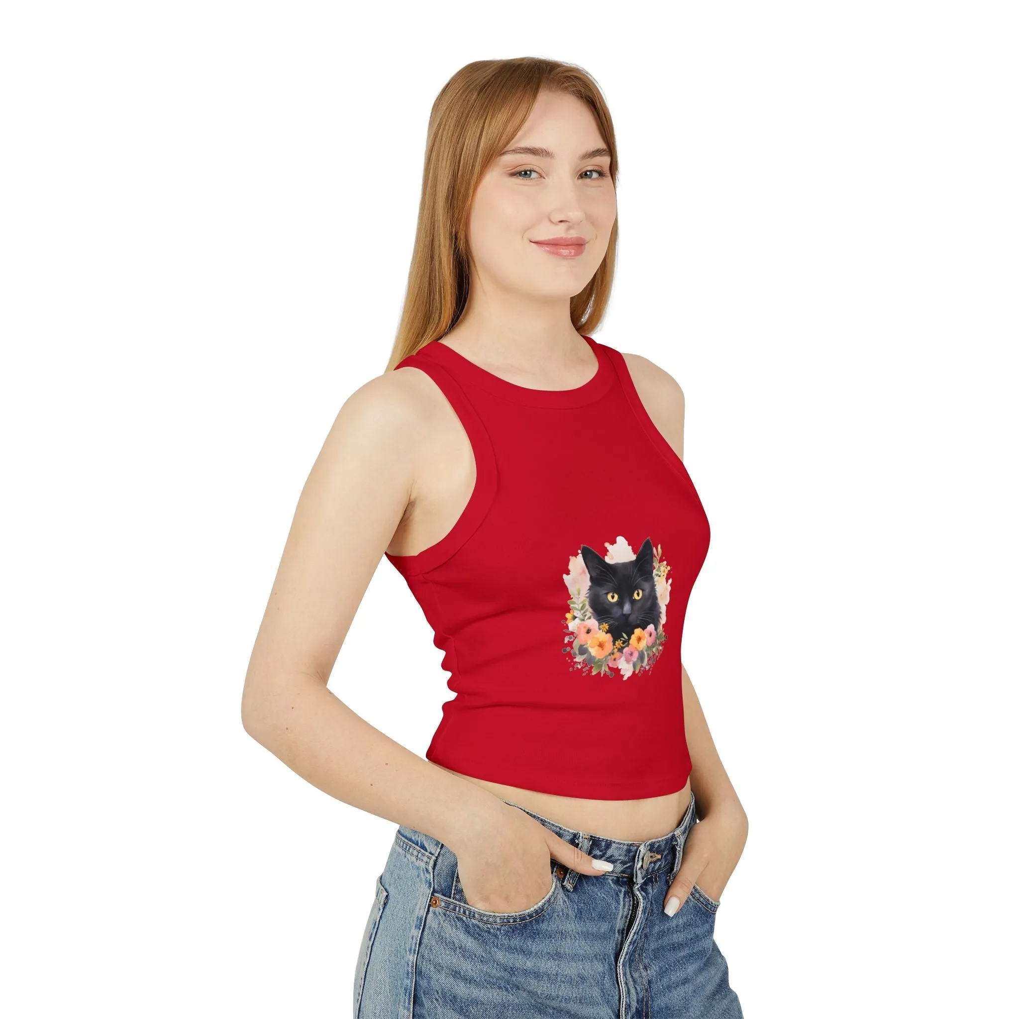 Black Cat Floral Watercolor Racerback Tank Top