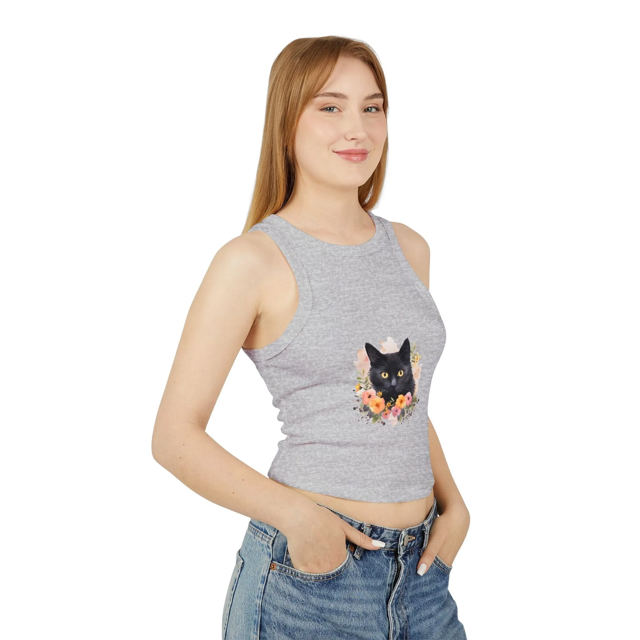 Black Cat Floral Watercolor Racerback Tank Top