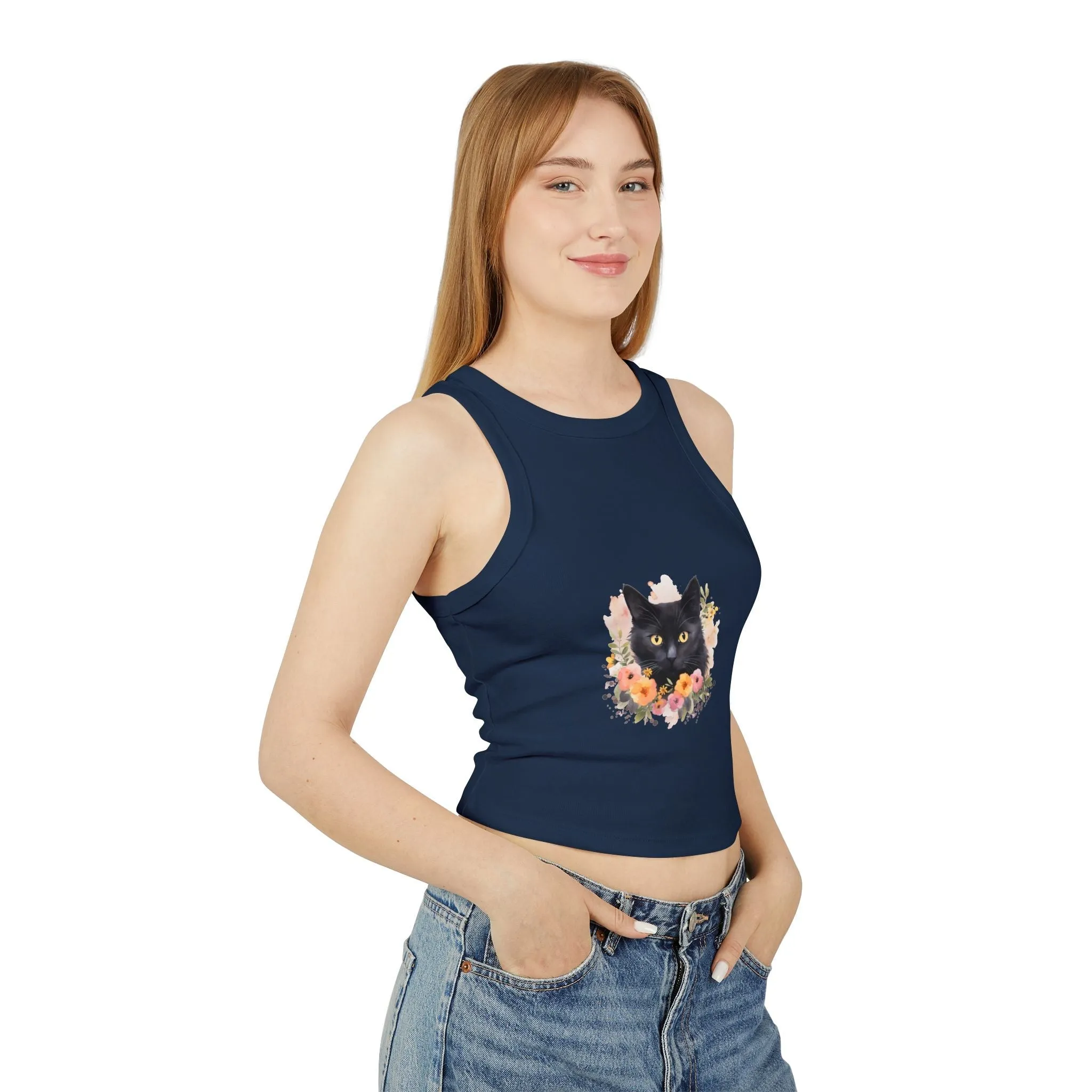 Black Cat Floral Watercolor Racerback Tank Top