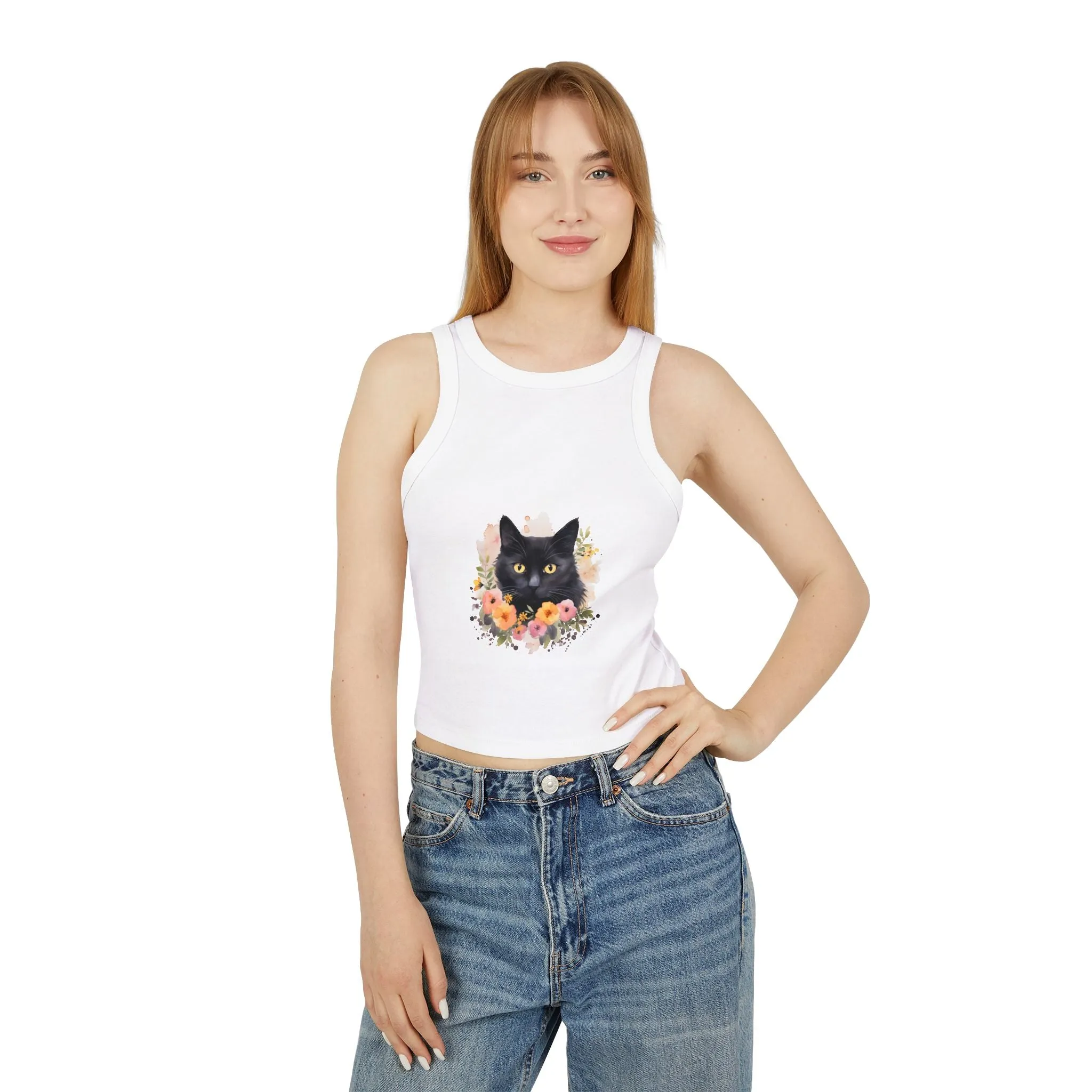 Black Cat Floral Watercolor Racerback Tank Top