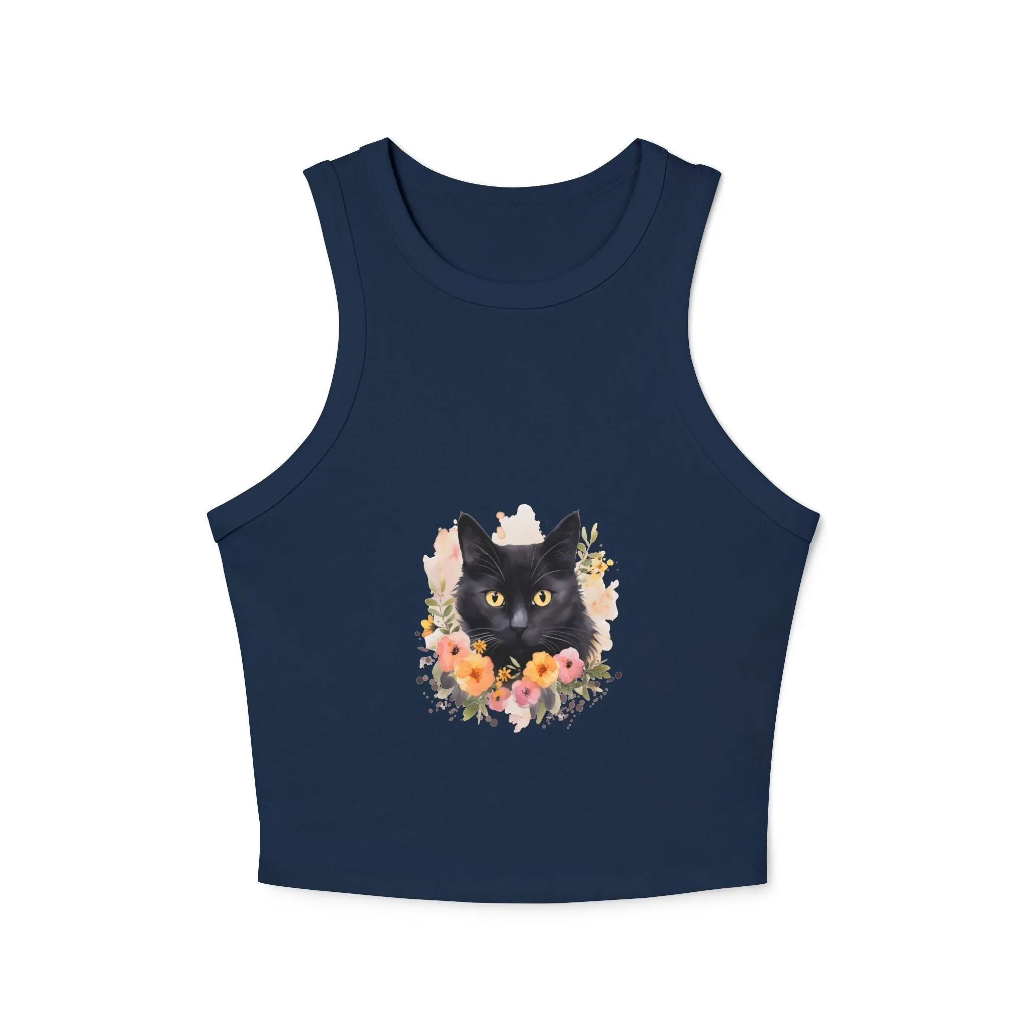 Black Cat Floral Watercolor Racerback Tank Top