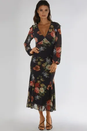 Black Floral V Neckline Midi Dress
