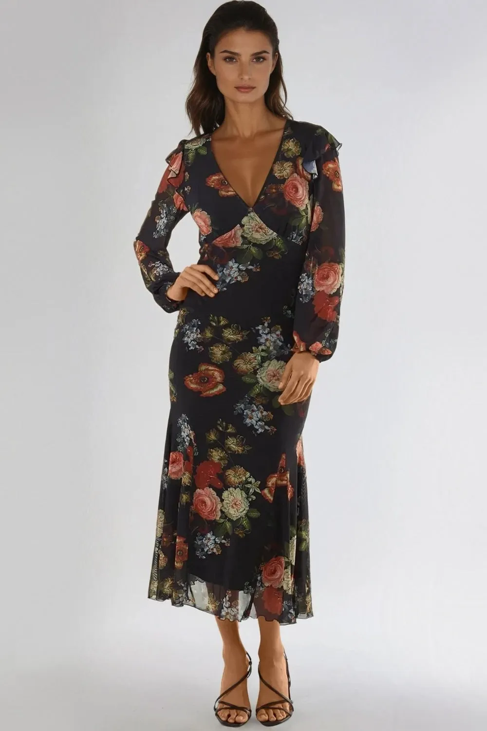 Black Floral V Neckline Midi Dress