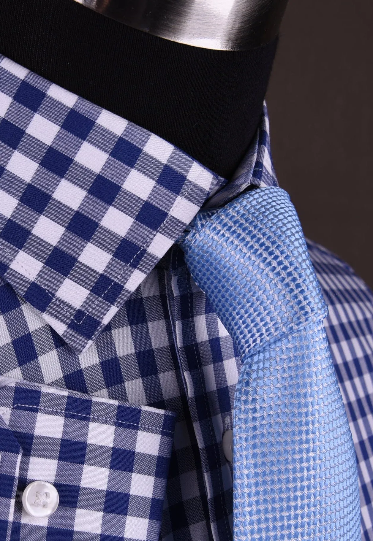 Blue Gingham Checkered Formal Business Dress Shirt in Standard Button Single Cuffs