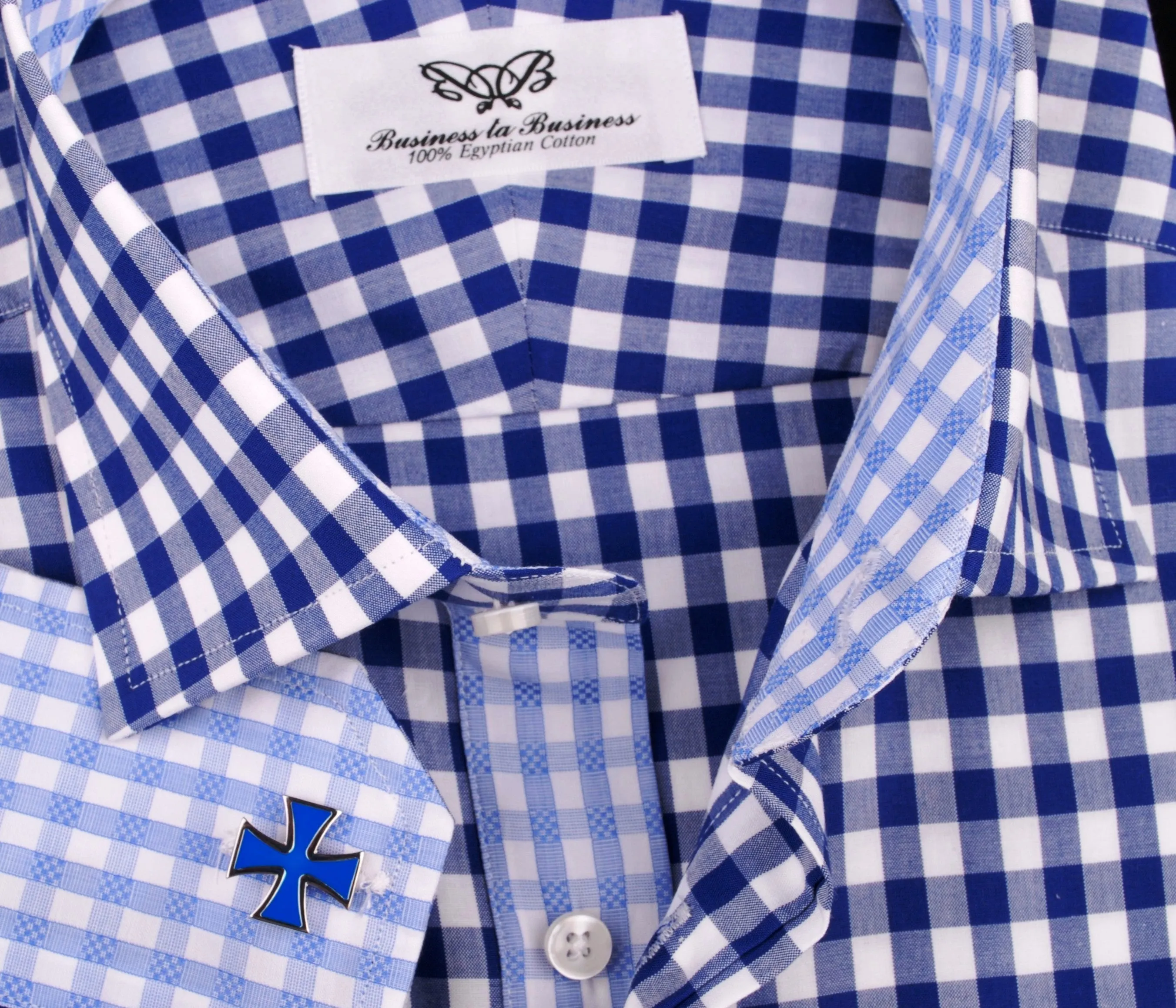 Blue Gingham Checkered Formal Business Dress Shirt in Standard Button Single Cuffs