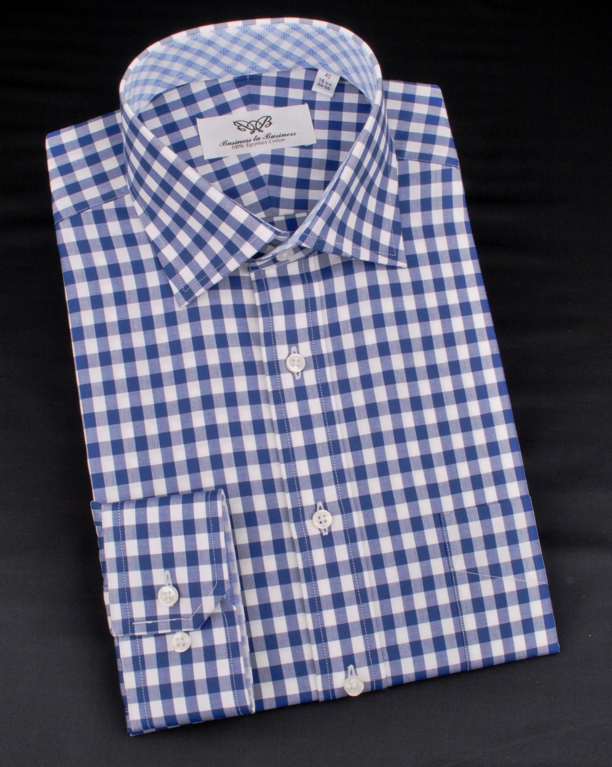 Blue Gingham Checkered Formal Business Dress Shirt in Standard Button Single Cuffs