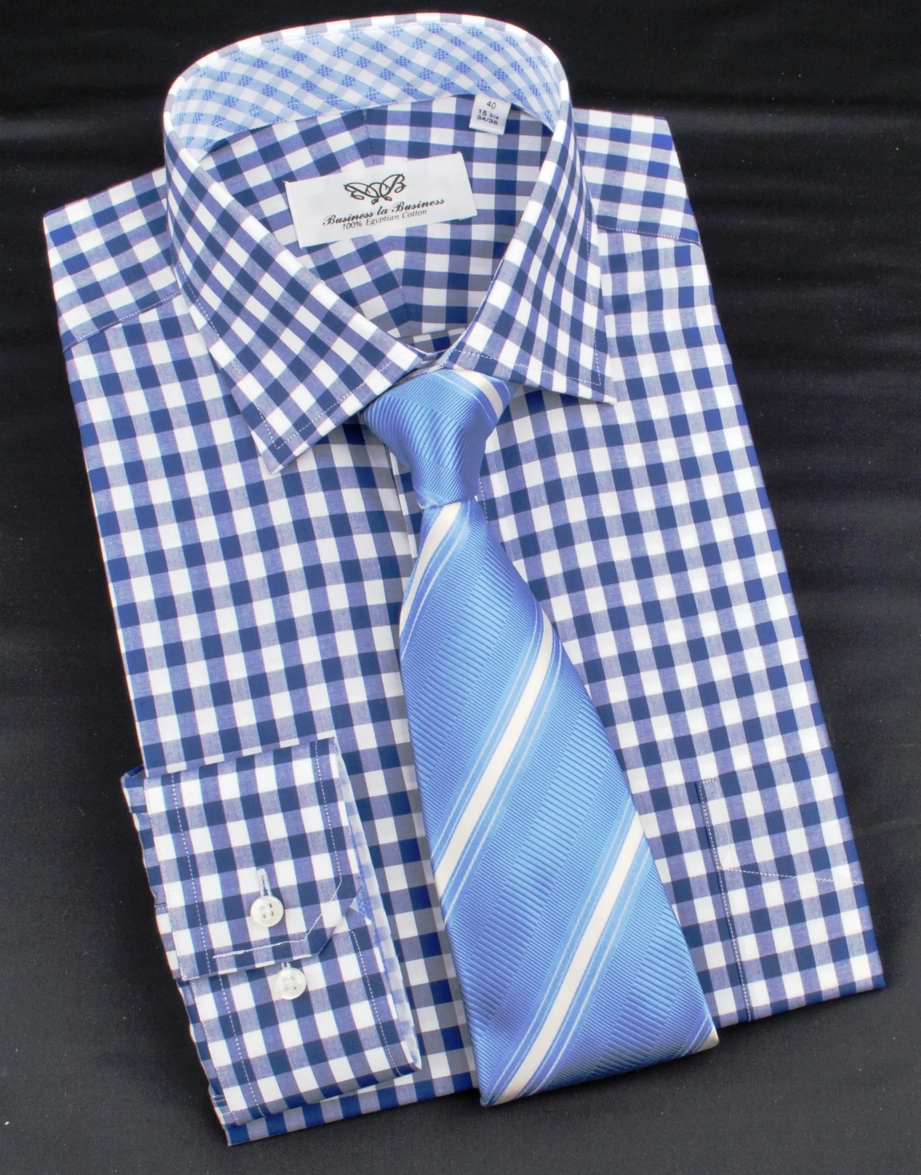 Blue Gingham Checkered Formal Business Dress Shirt in Standard Button Single Cuffs