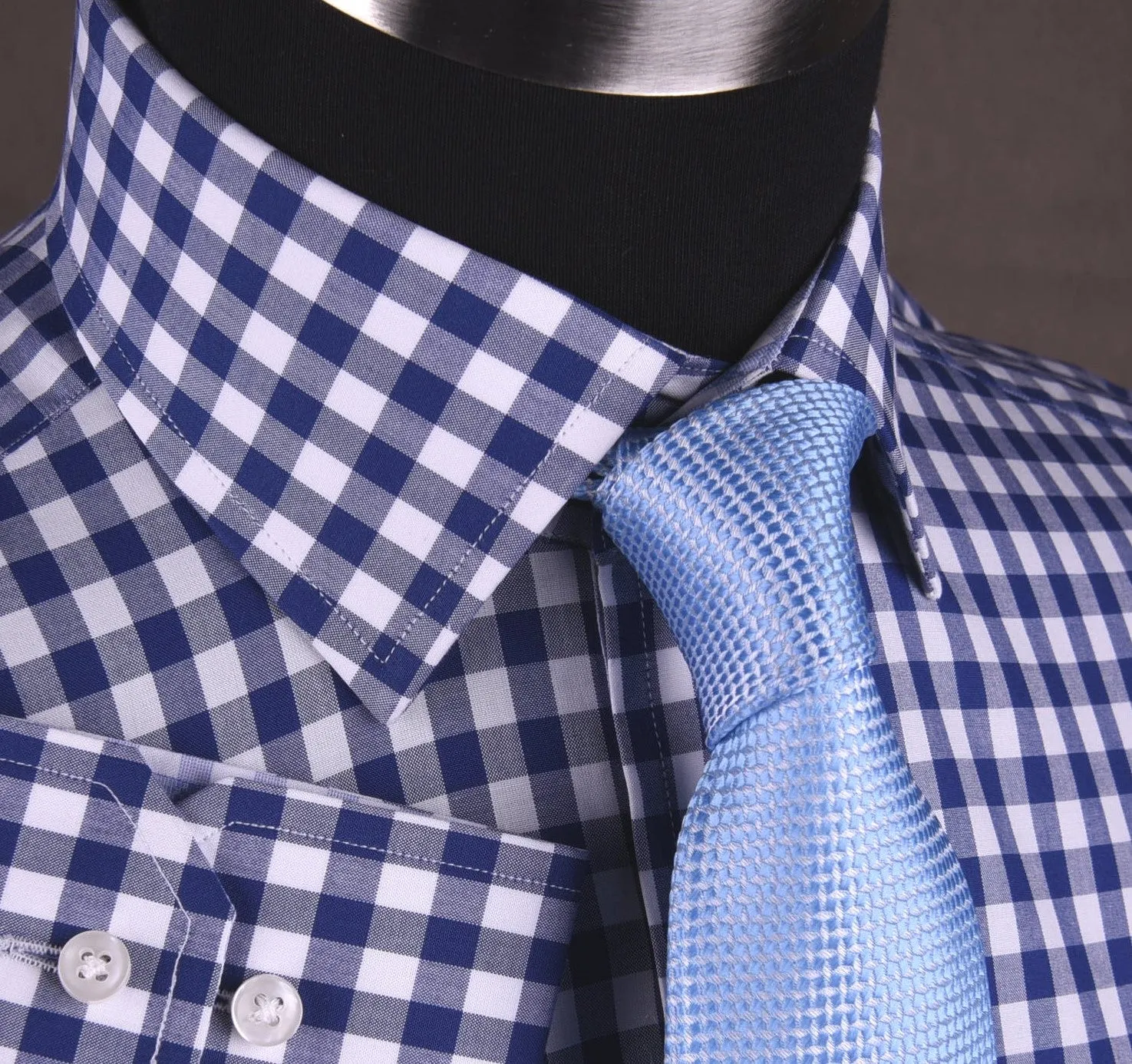 Blue Gingham Checkered Formal Business Dress Shirt in Standard Button Single Cuffs