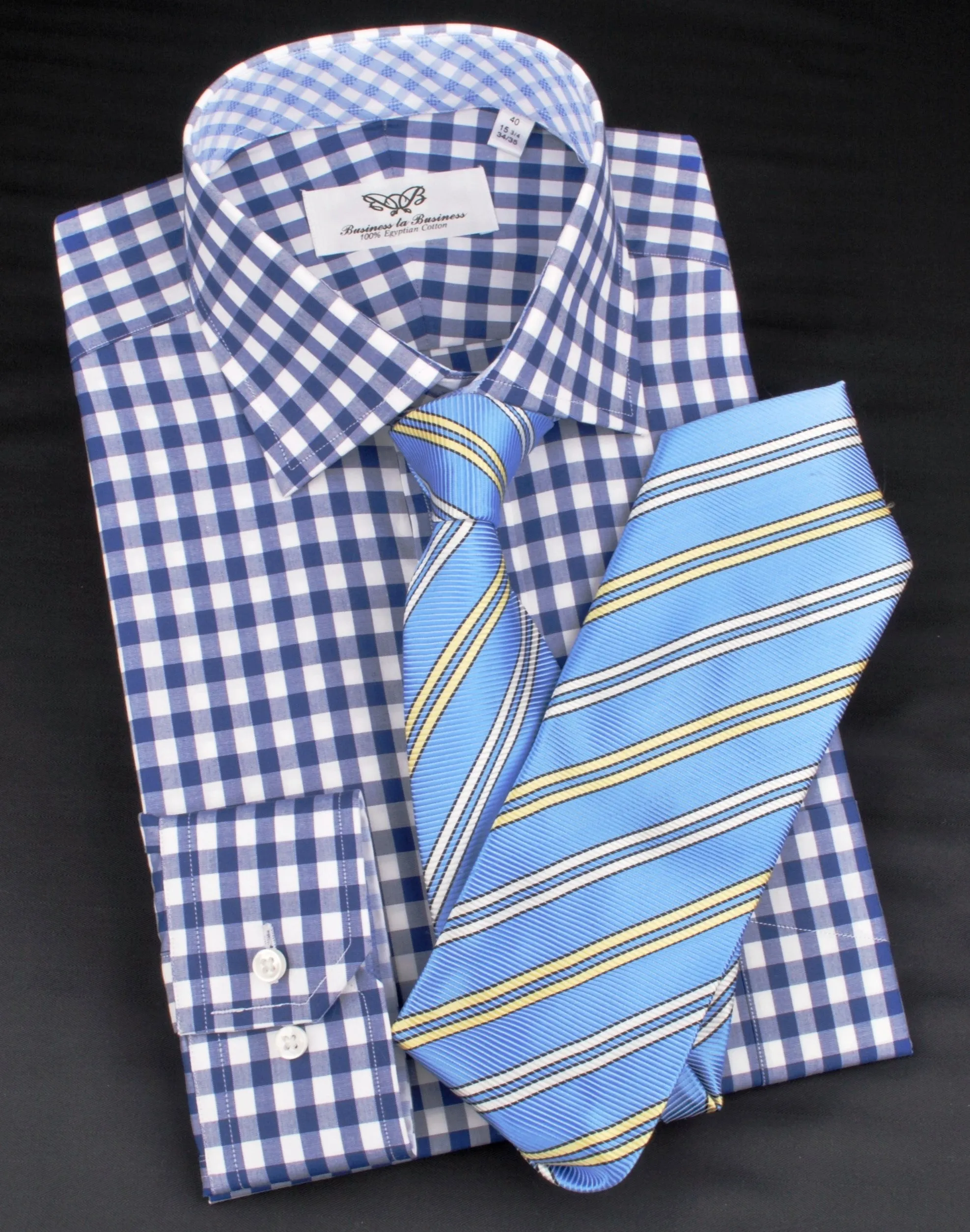 Blue Gingham Checkered Formal Business Dress Shirt in Standard Button Single Cuffs