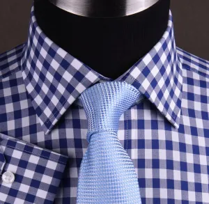 Blue Gingham Checkered Formal Business Dress Shirt in Standard Button Single Cuffs