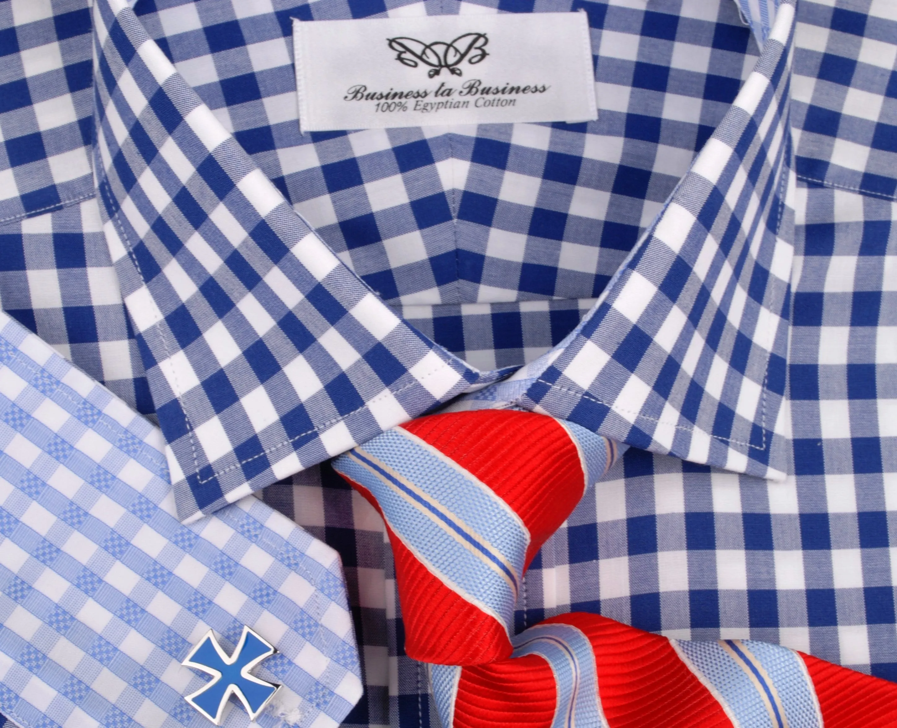 Blue Gingham Checkered Formal Business Dress Shirt in Standard Button Single Cuffs