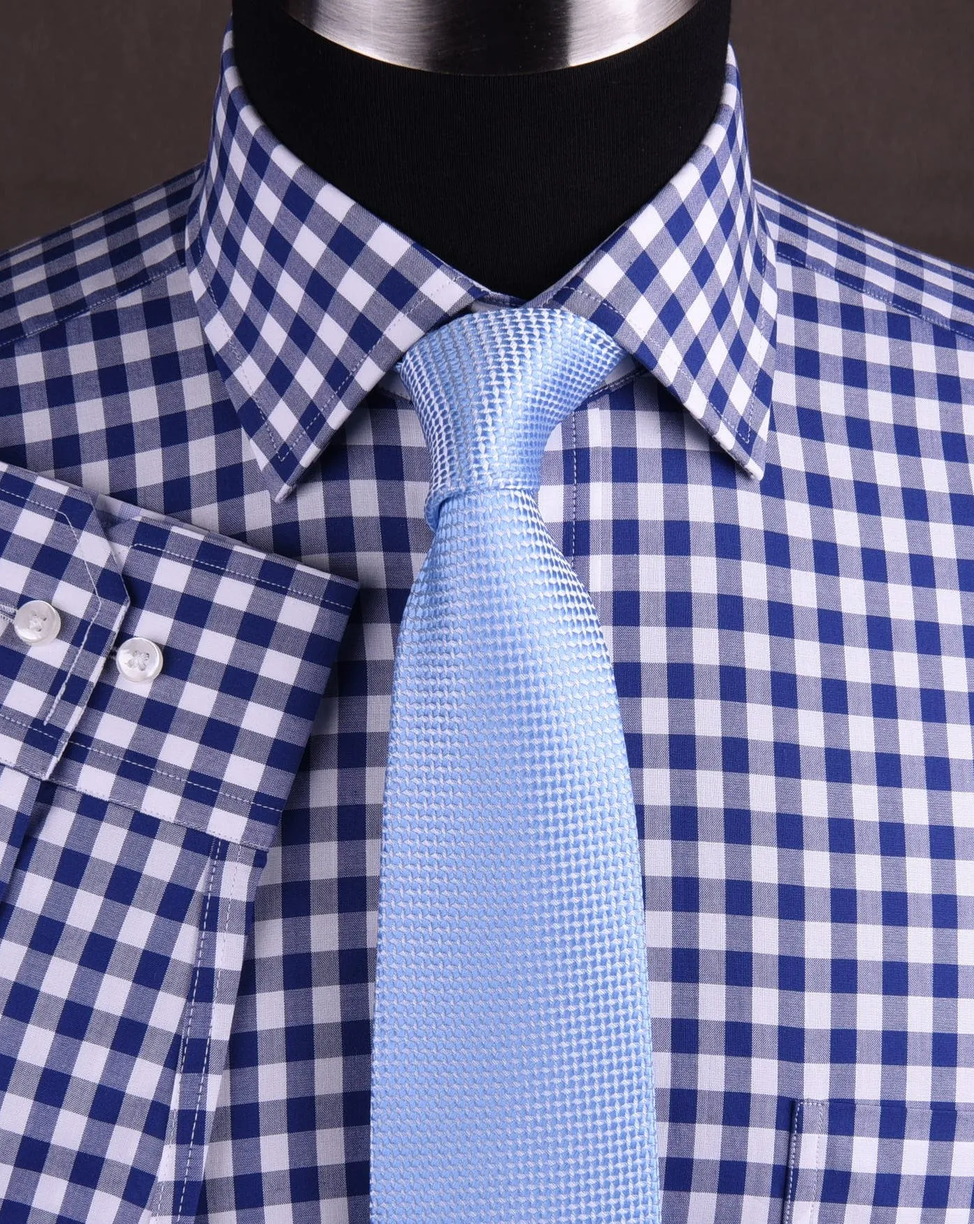 Blue Gingham Checkered Formal Business Dress Shirt in Standard Button Single Cuffs