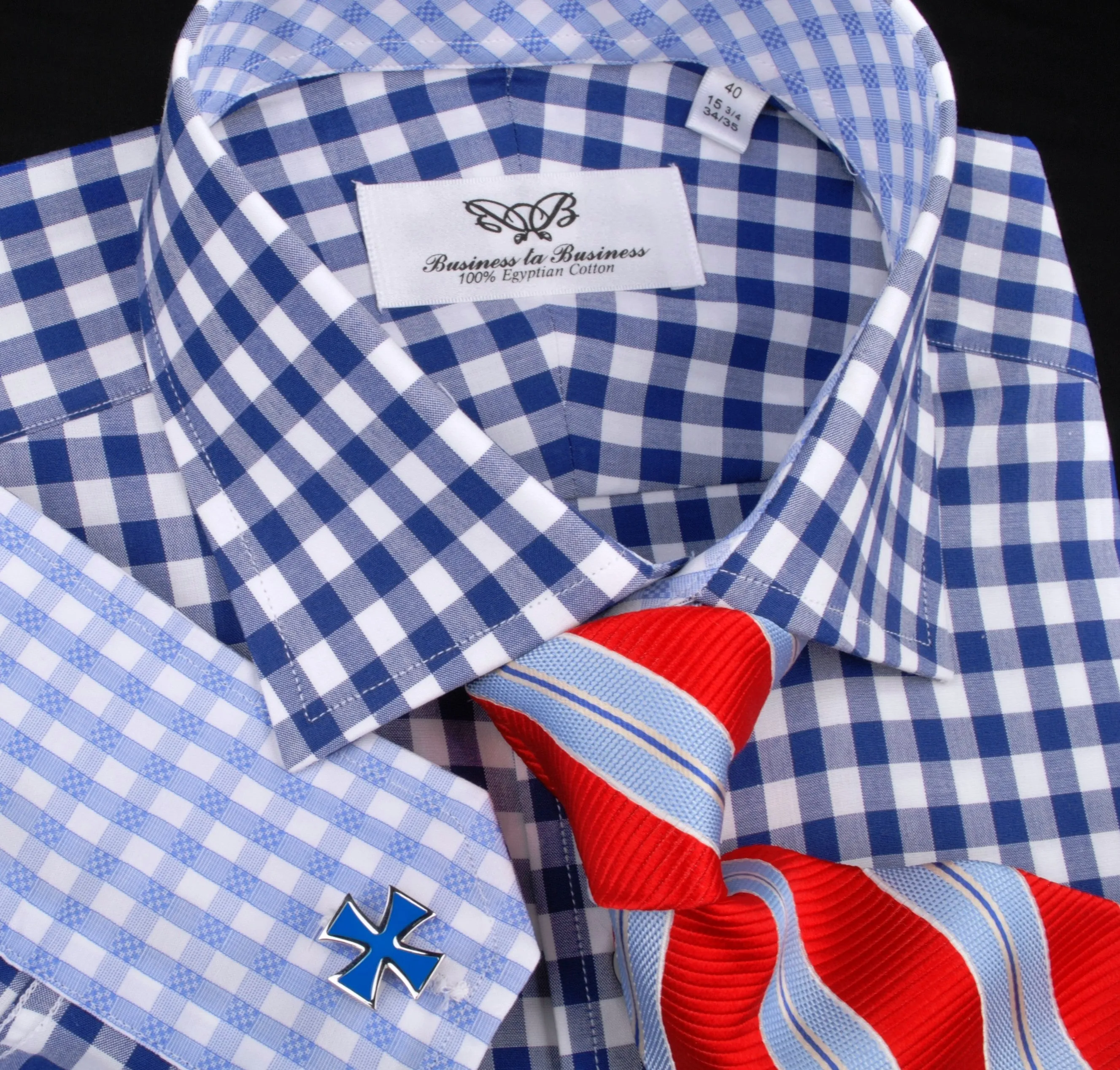 Blue Gingham Checkered Formal Business Dress Shirt in Standard Button Single Cuffs