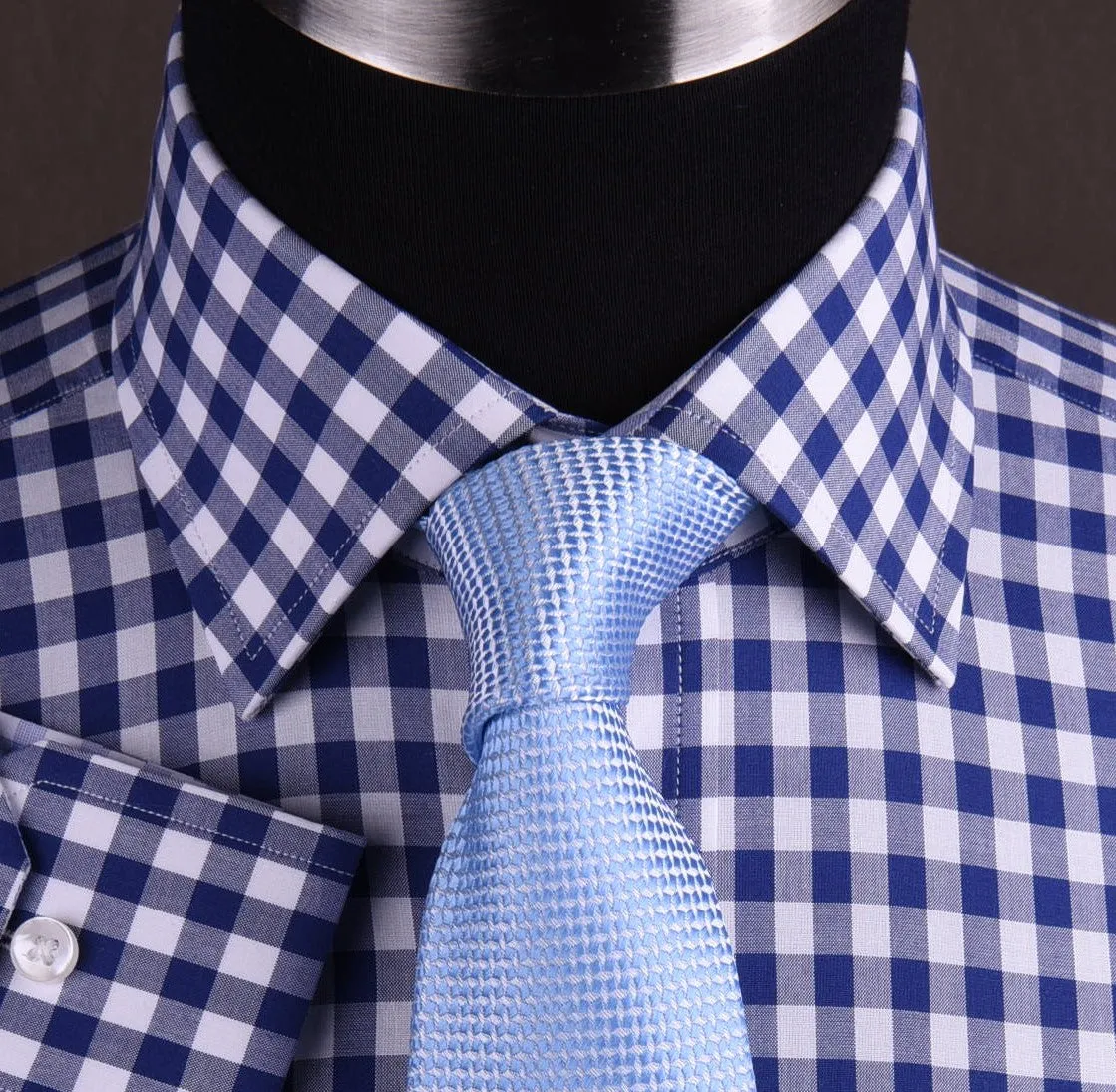 Blue Gingham Checkered Formal Business Dress Shirt in Standard Button Single Cuffs