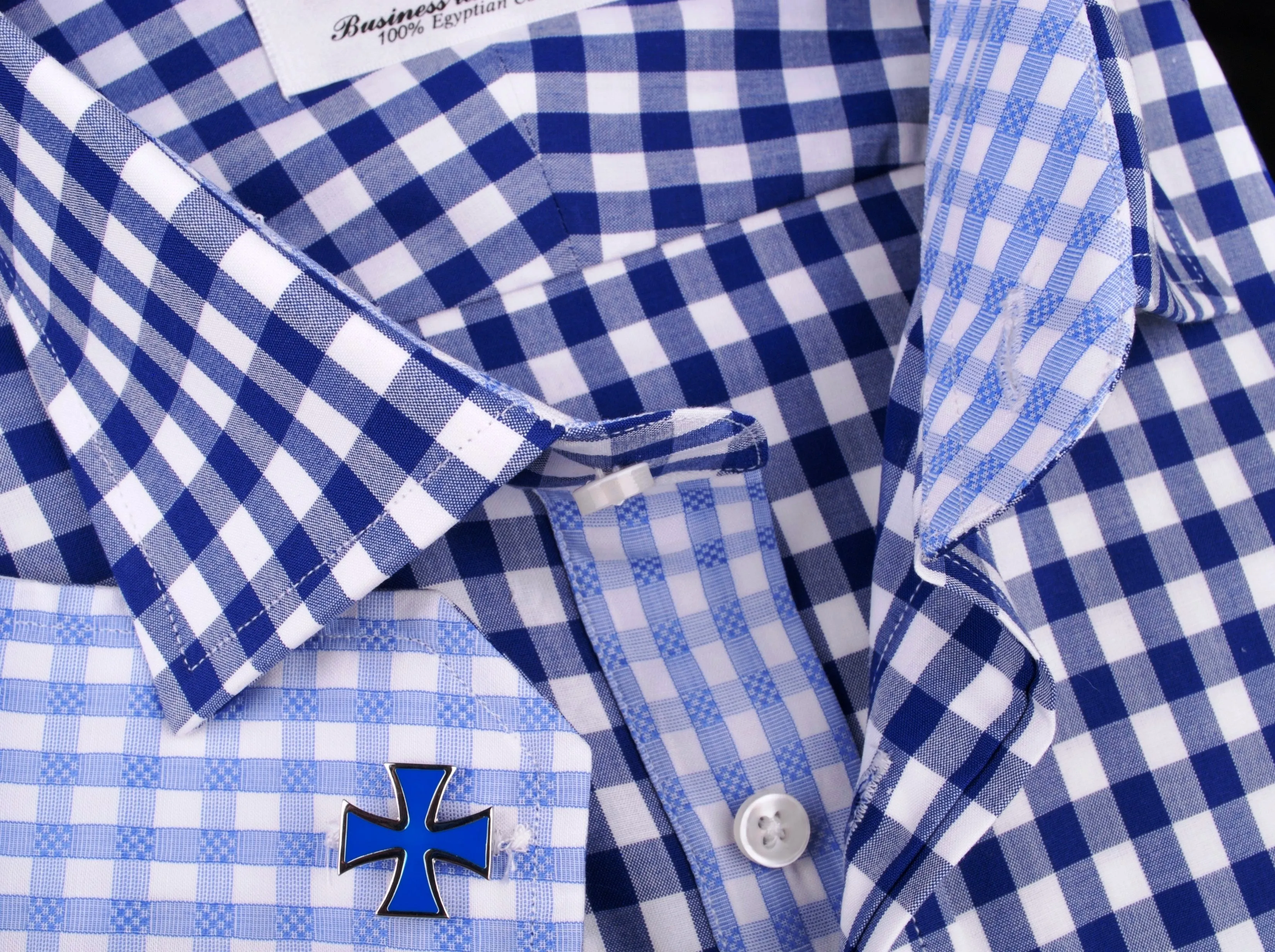 Blue Gingham Checkered Formal Business Dress Shirt in Standard Button Single Cuffs