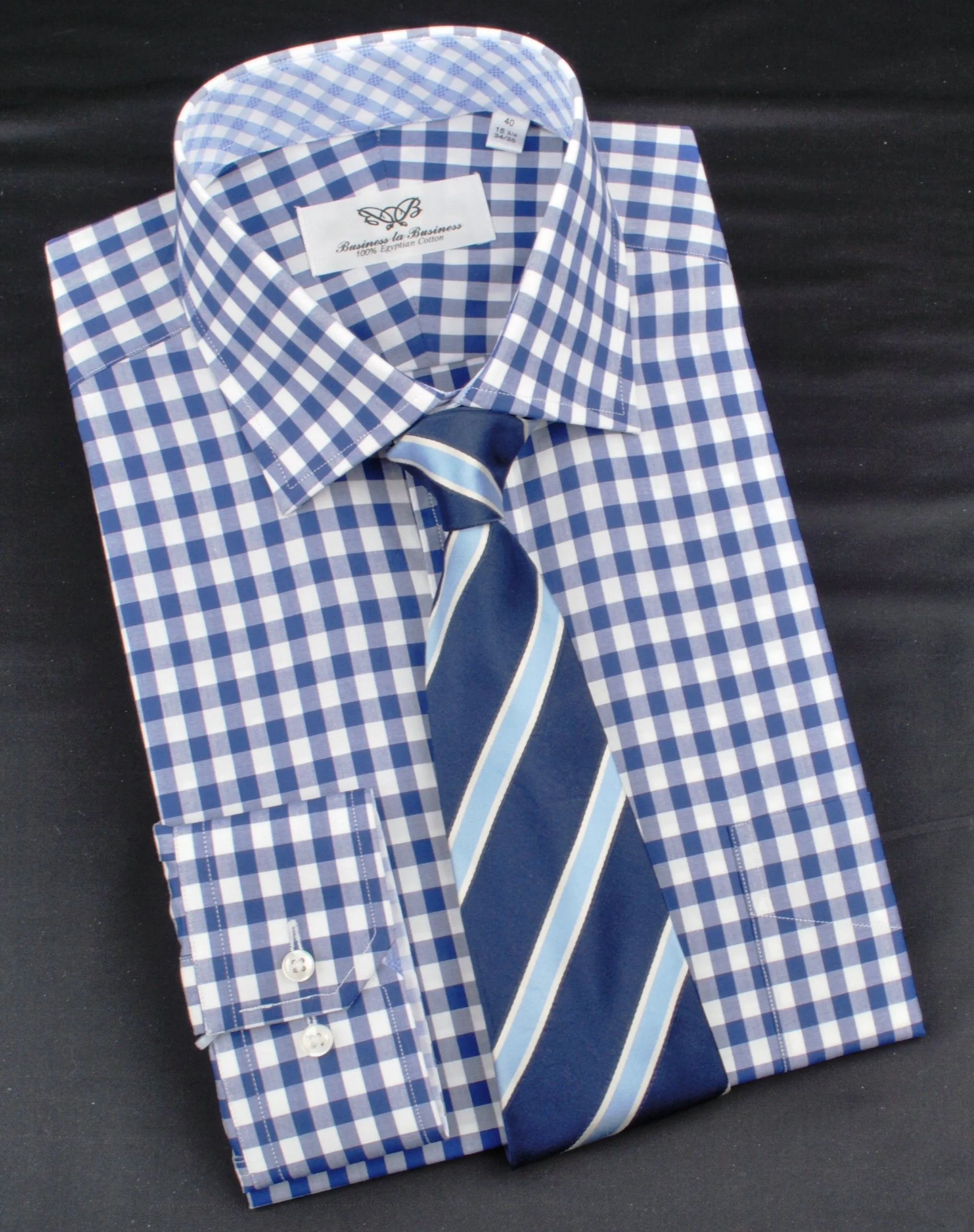 Blue Gingham Checkered Formal Business Dress Shirt in Standard Button Single Cuffs
