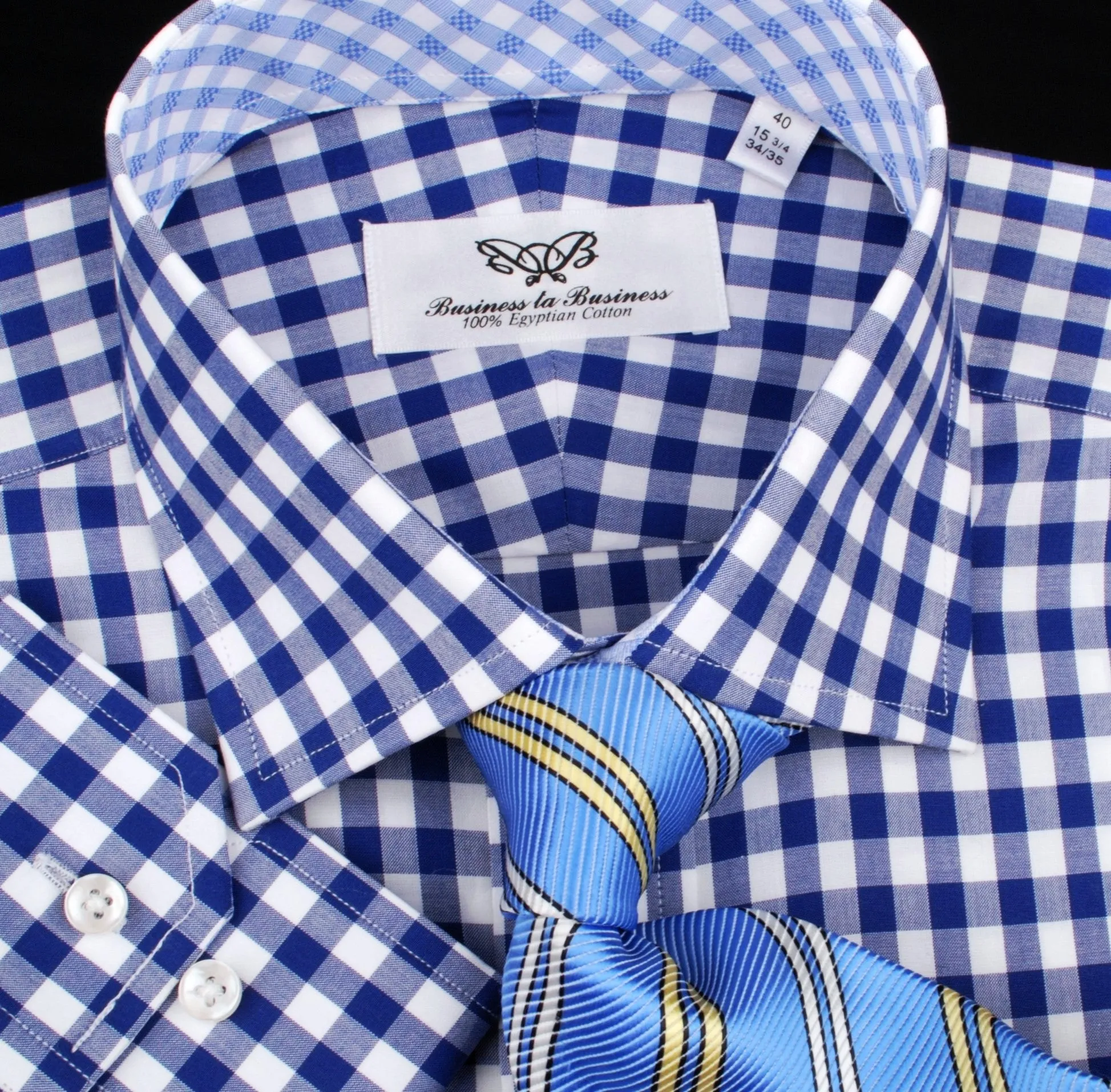 Blue Gingham Checkered Formal Business Dress Shirt in Standard Button Single Cuffs