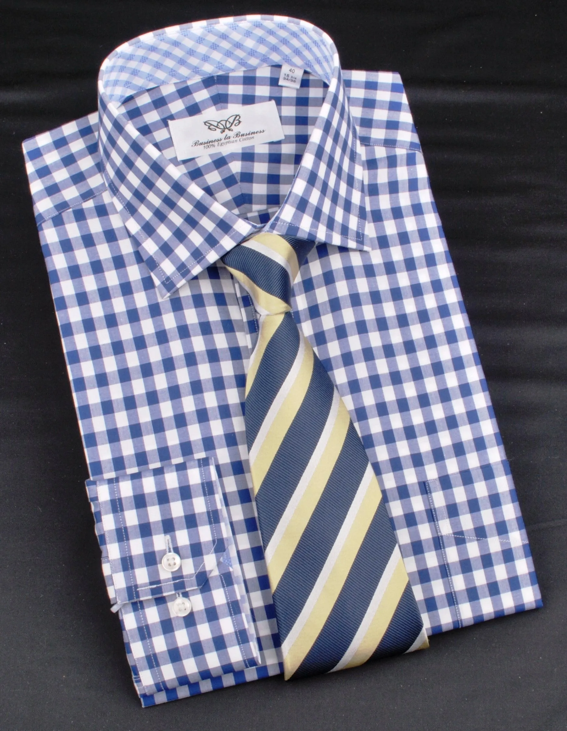 Blue Gingham Checkered Formal Business Dress Shirt in Standard Button Single Cuffs