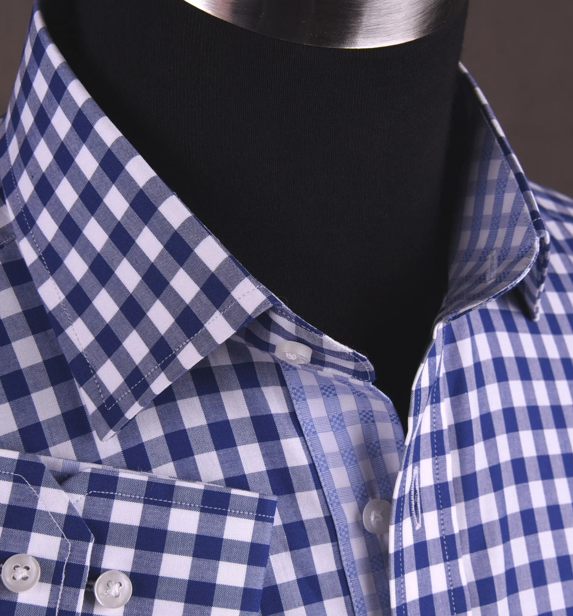 Blue Gingham Checkered Formal Business Dress Shirt in Standard Button Single Cuffs