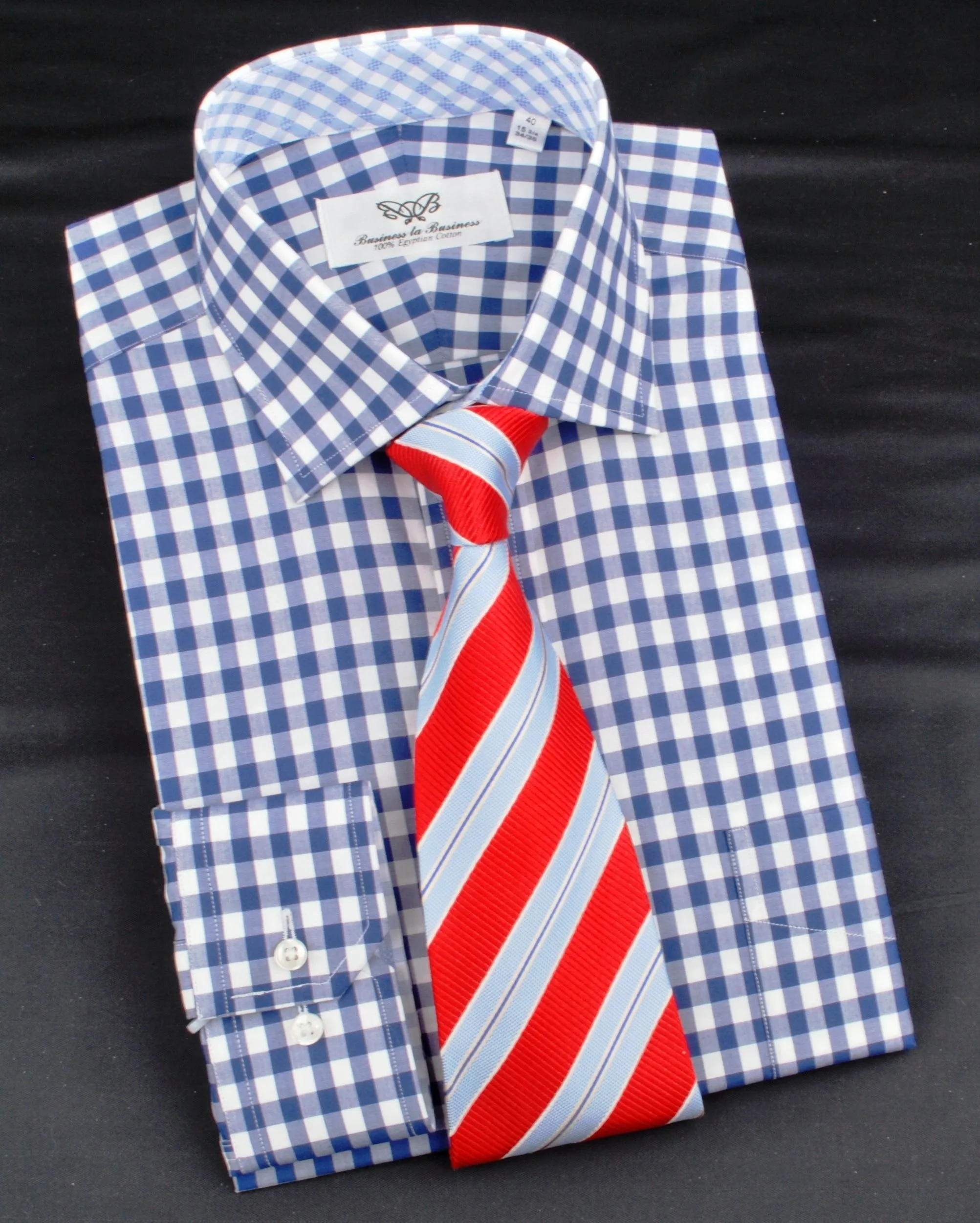 Blue Gingham Checkered Formal Business Dress Shirt in Standard Button Single Cuffs