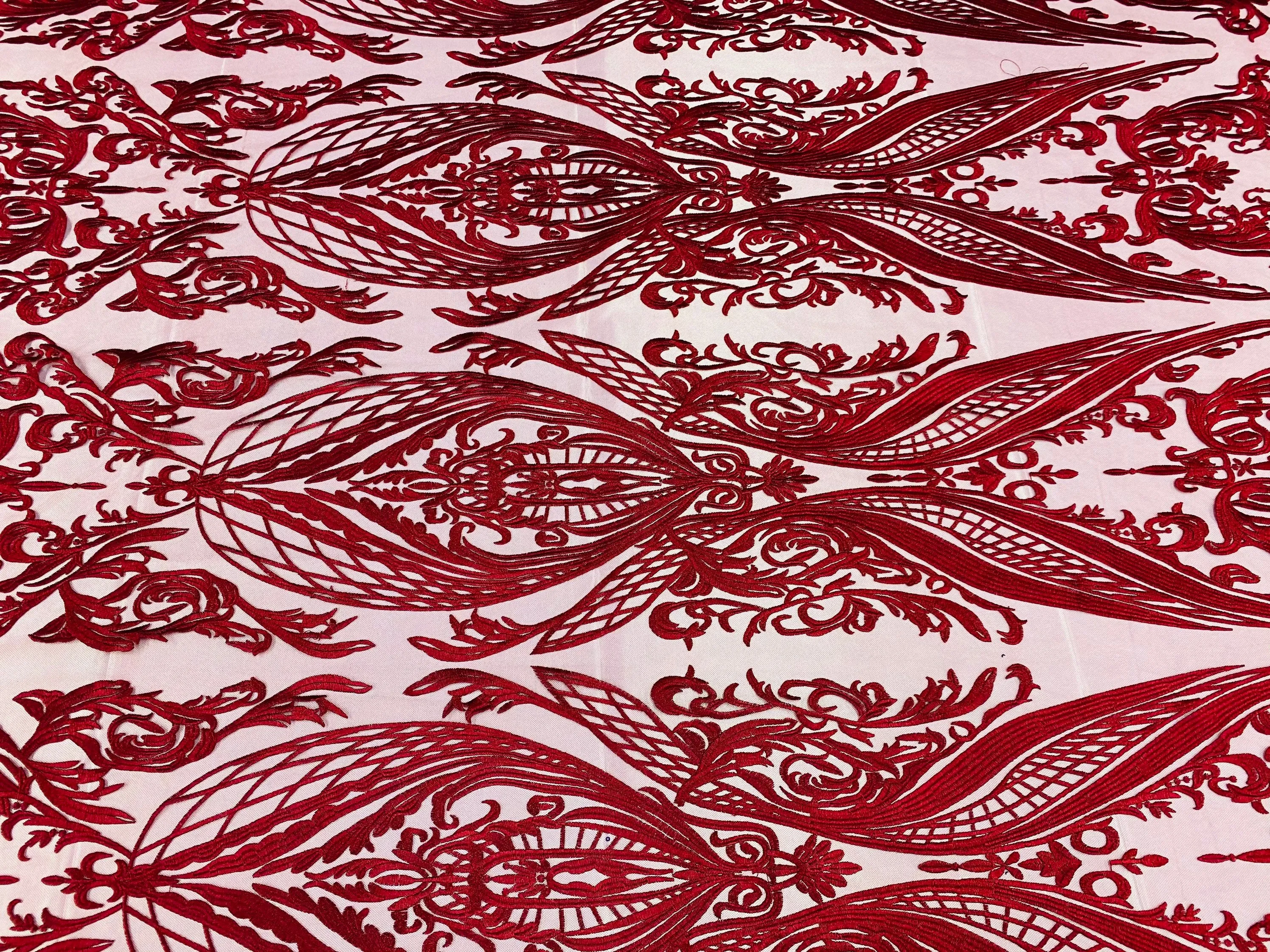 Burgundy Lace Fabric, Corded Flower Embroidery on a Mesh Lace Fabric By The Yard For Gown, Wedding-Bridal-Dress (Choose The Size)