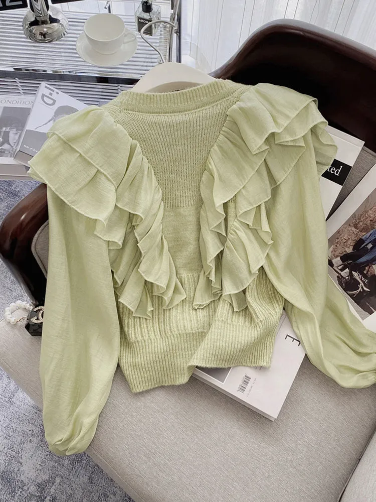 Cardigan Sweater Chic Shirt Ruffled Spring Autumn