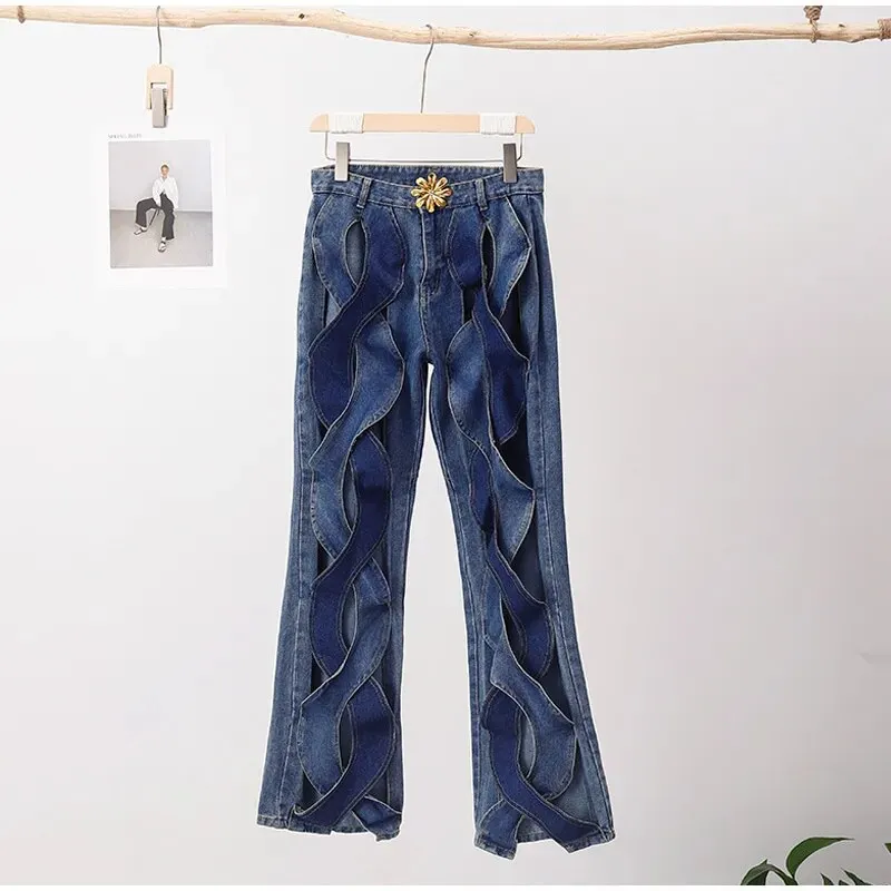 Casual Twists Hollow out Metal Button Jeans women*