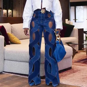 Casual Twists Hollow out Metal Button Jeans women*