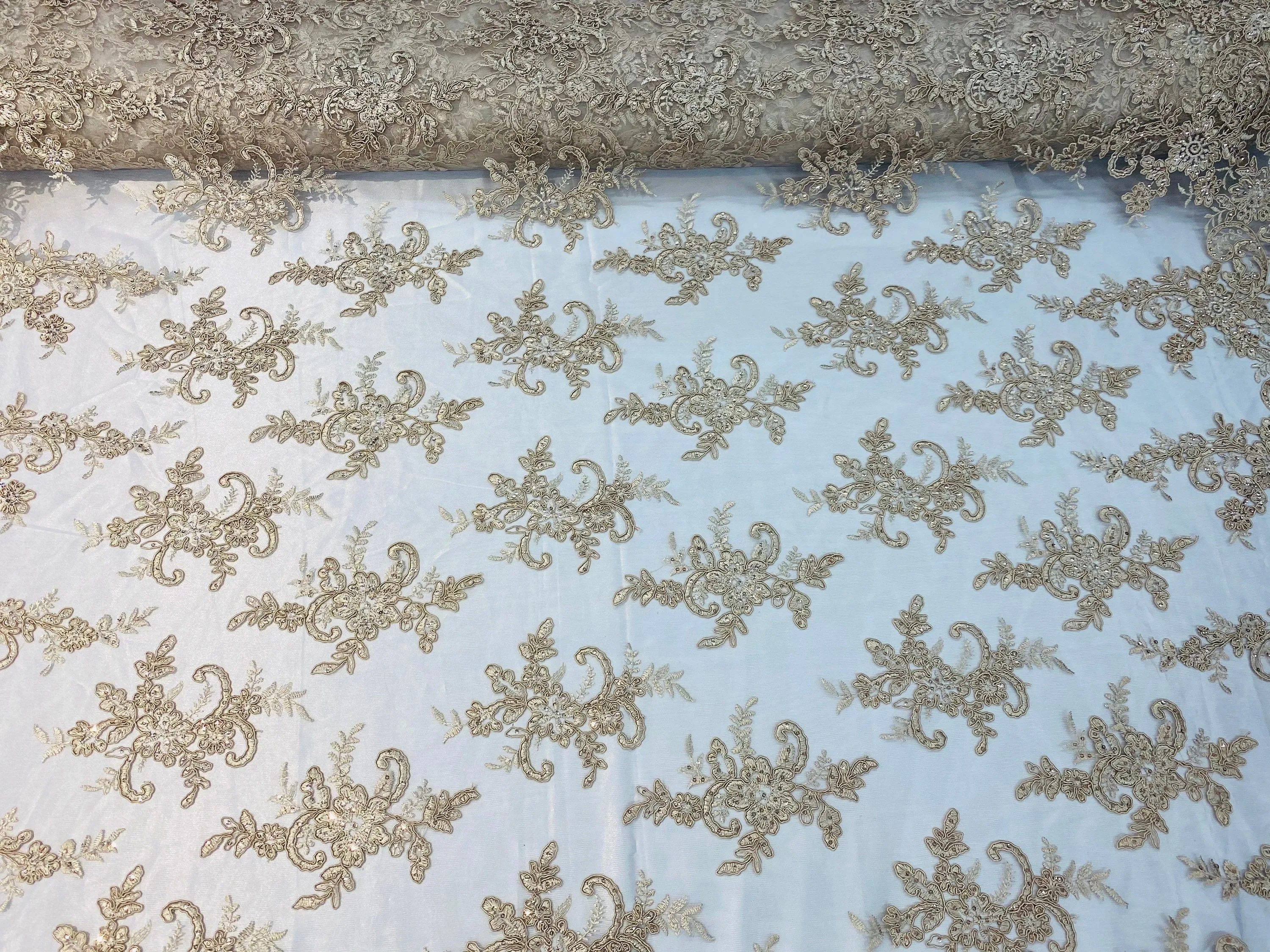 Champagne Lace Fabric, Corded Flower Embroidery With Sequins on a Mesh Lace Fabric By The Yard For Gown, Wedding-Bridal-Dress