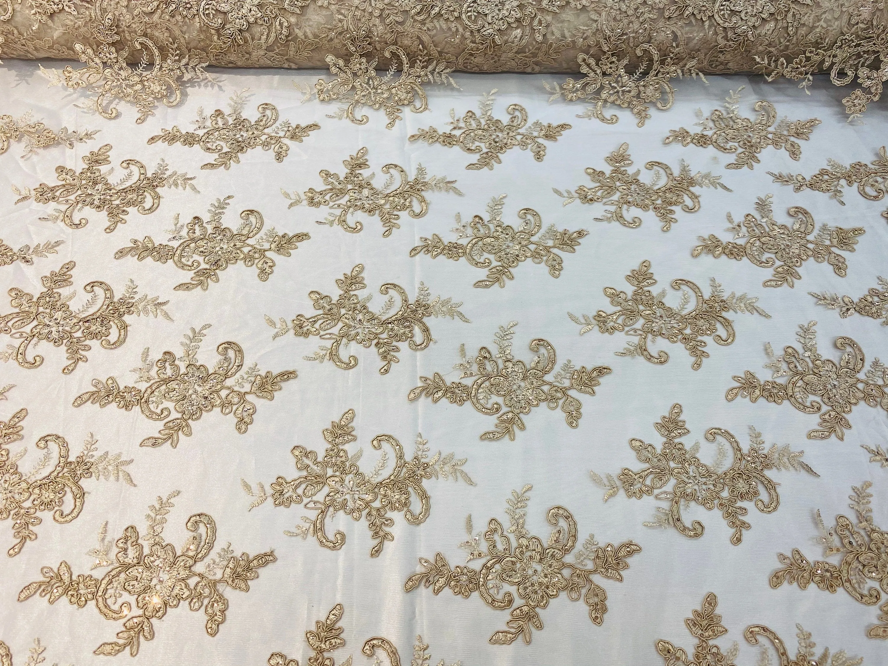 Champagne Lace Fabric, Corded Flower Embroidery With Sequins on a Mesh Lace Fabric By The Yard For Gown, Wedding-Bridal-Dress