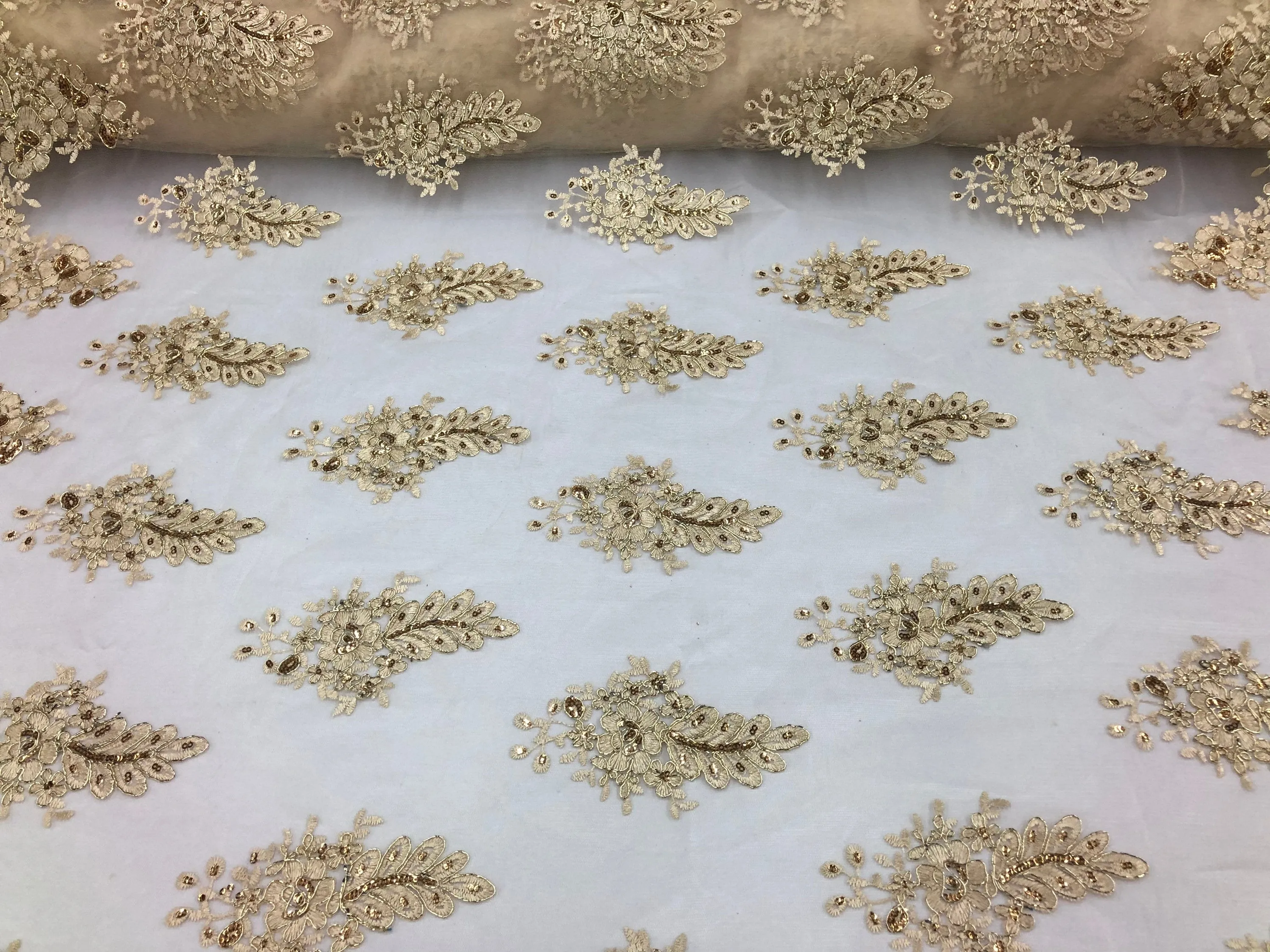 Champagne Lace Fabric - Flower/Floral Clusters Embroidered With sequins on a Mesh Lace Fabric Sold By The Yard(Pick a Size)