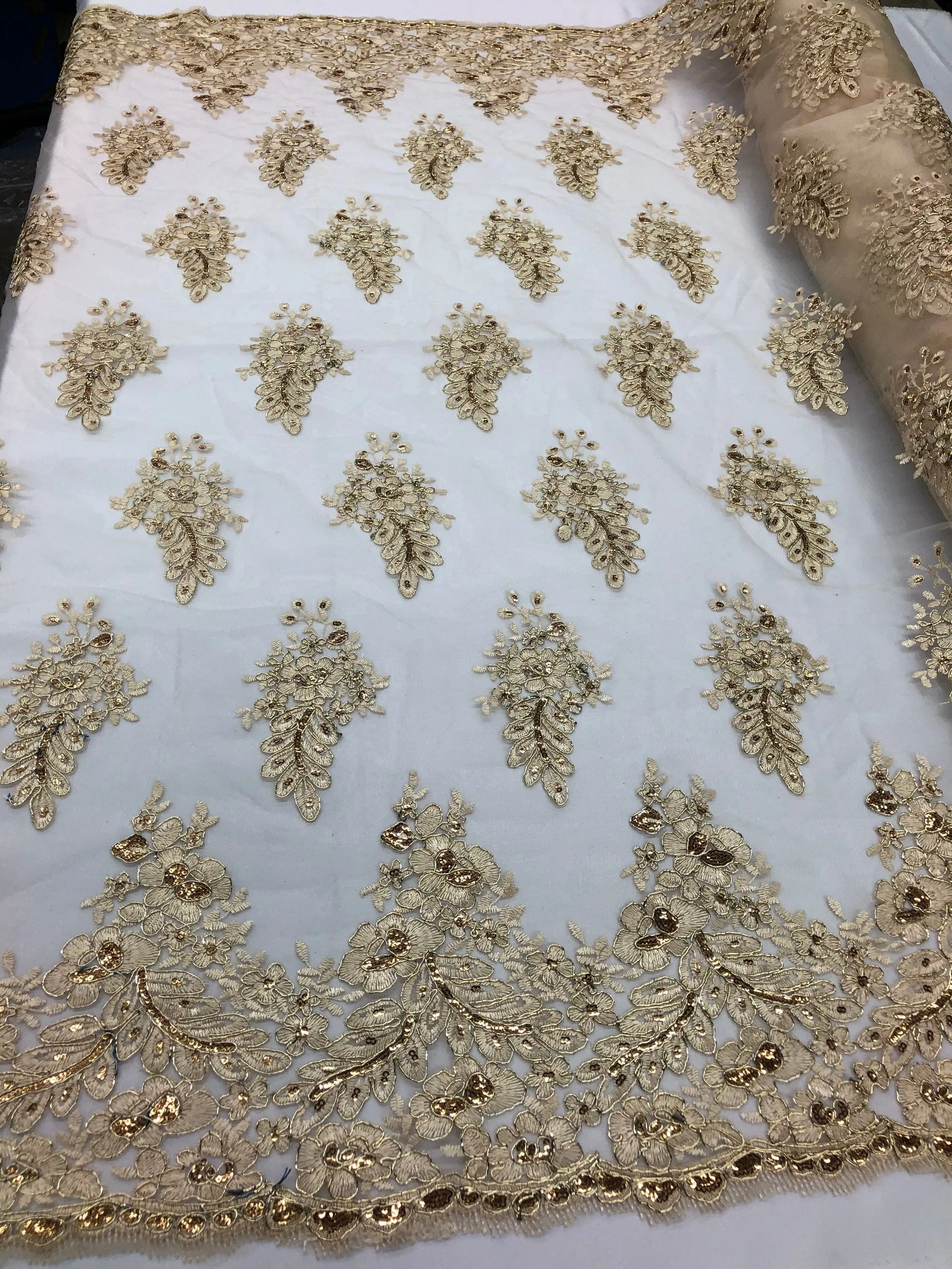 Champagne Lace Fabric - Flower/Floral Clusters Embroidered With sequins on a Mesh Lace Fabric Sold By The Yard(Pick a Size)