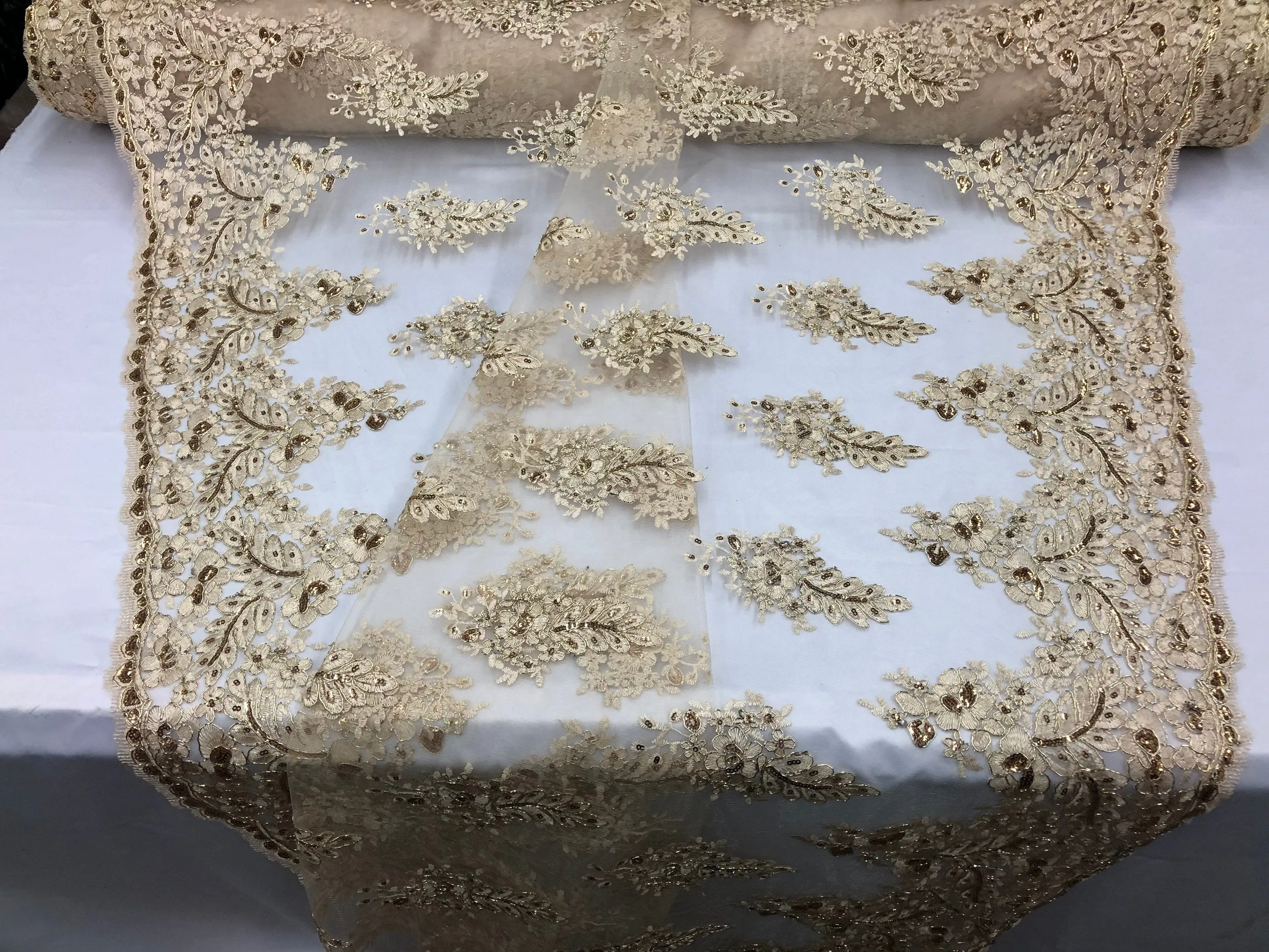 Champagne Lace Fabric - Flower/Floral Clusters Embroidered With sequins on a Mesh Lace Fabric Sold By The Yard(Pick a Size)