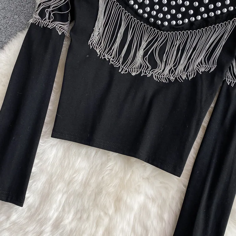 Chic Rhinestone Studded Fringed Cardigan
