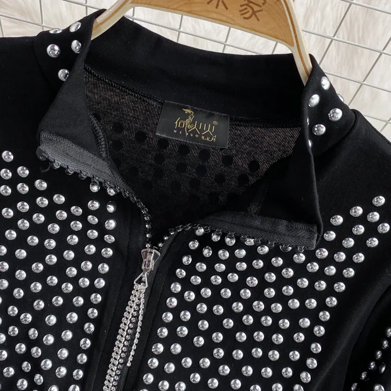 Chic Rhinestone Studded Fringed Cardigan