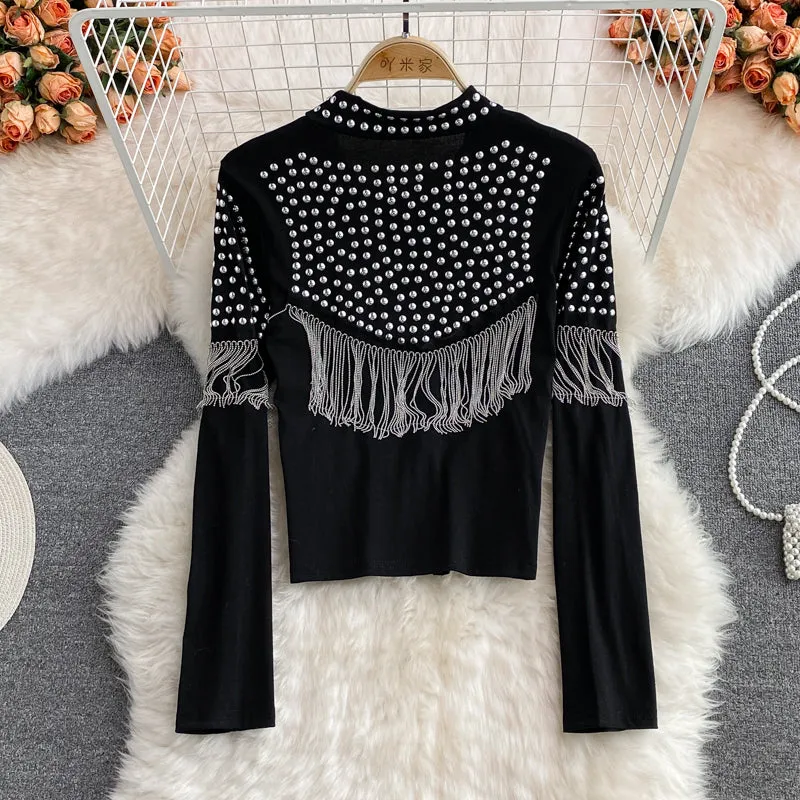 Chic Rhinestone Studded Fringed Cardigan