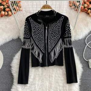 Chic Rhinestone Studded Fringed Cardigan
